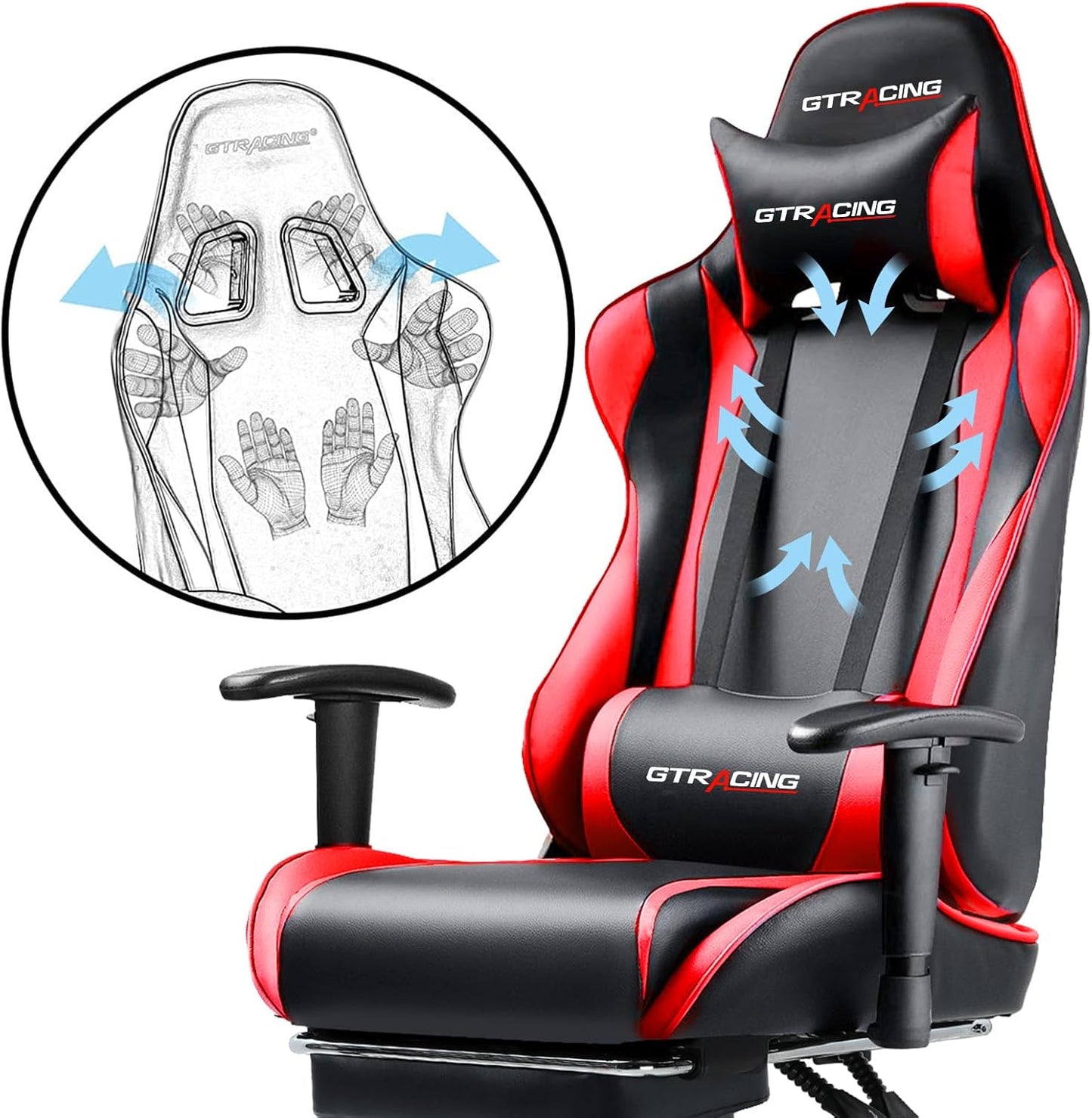 GTRACING Gaming Chair with Footrest, Ergonomic Computer Game Desk Chair, Reclining Gamer Chair Seat Height Adjustment, Swivel Rocker with Headrest and Lumbar (Brickred)