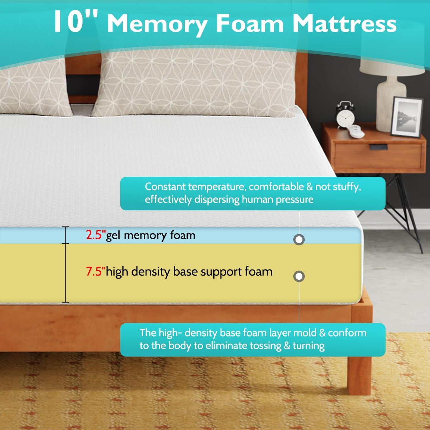 FDW | 10 Inch California King Mattress | Medium Firm | Gel Memory Foam Mattress | White | Bed in a Box, CertiPUR-US Certified | Pressure Relief, Cooling Ventilated Foam | Washable Removable Cover