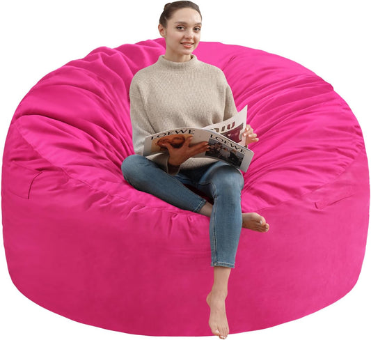 5FT Bean Bag Chair, Large Bean Bag Chairs with Memory Foam Filled, Fluffy Beanbag Sofa with Dutch Velvet Cover, Round BeanBag Chairs for Living Room, Playroom - Pink