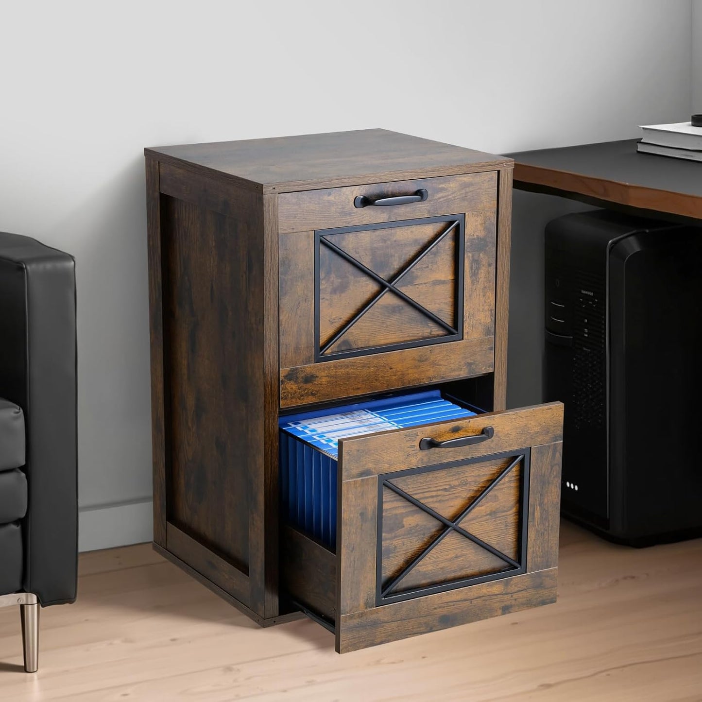 VEVOR 2 Drawer File Cabinet, Vertical Filing Storage Cabinets for Home Office, Heavy-Duty Cabinet with 2-Level Adjustable Hanging Rod, for A4/Letter/Legal Size File, Easy to Assemble (Honey Brown)