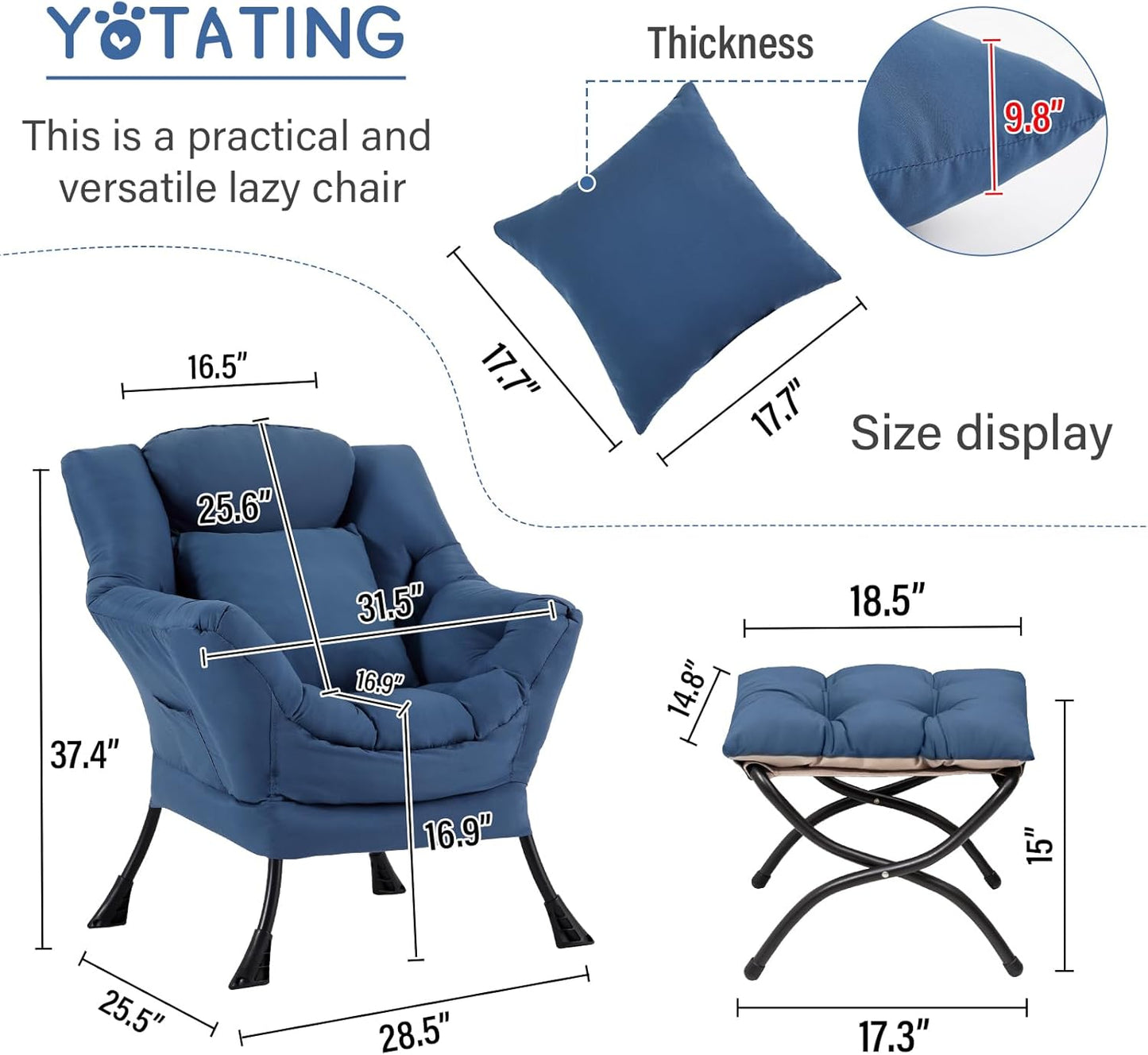 Lazy Chair with Ottoman, Comfy Reading Chair with Footstool & Pillow Modern Lounge Chair with Armrests & Side Pocket for Living Room, Bedroom, Dorm Room，Royal Blue