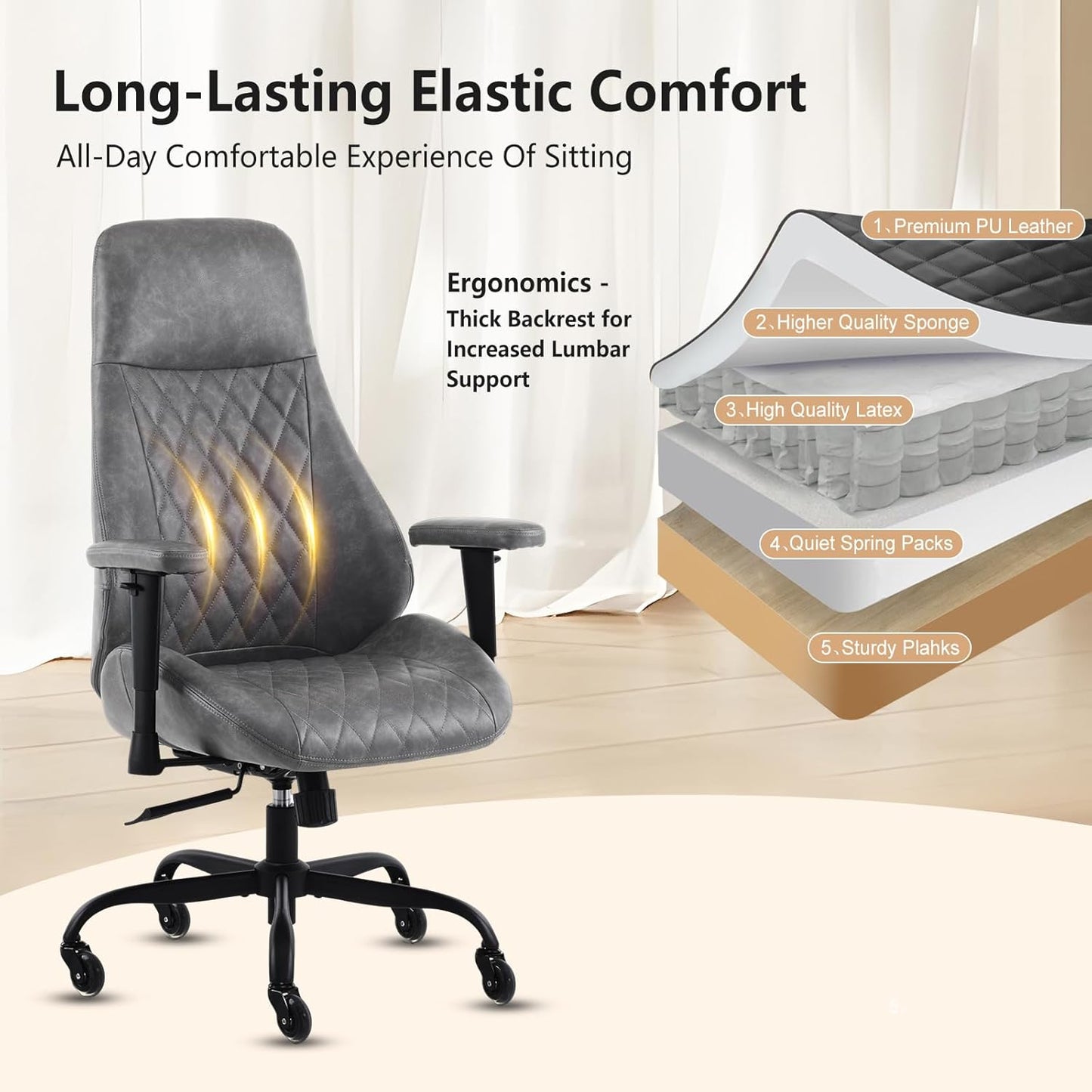 YFO Home Office Desk Chair High Back Office Rubber Chair Casters Ergonomic Computer Chair with Lumbar Support Adjustable Height Rolling Swivel Chair Executive Task Armrests, Grey Leather