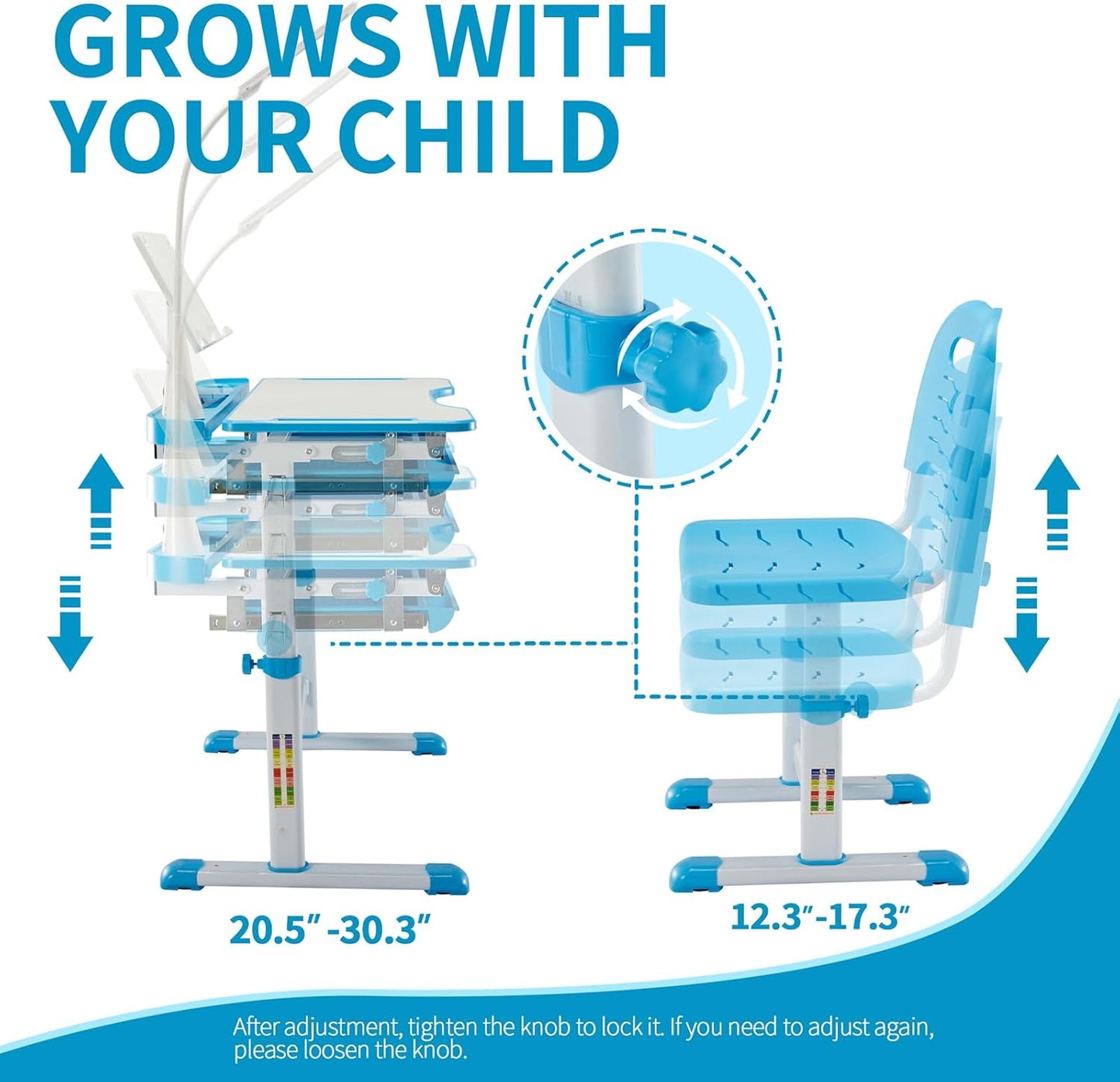 Diroan Kids Functional Desk and Chair Set, Ergonomic Height Adjustable Children School Study Desk with Tilt Desktop, Book Stand, LED Light, Metal Hook and Storage Drawer for Boys Girls(Blue)