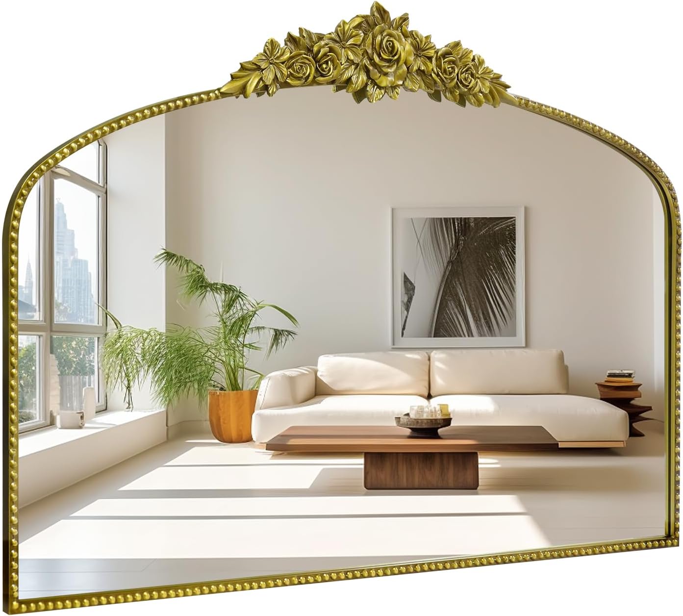 Antique Gold Arch Wall Mirror, 48"x30" Traditional Vintage Mantel Mirror with Ornate Metal Frame, Baroque Victorian Mirror for Fireplace/Entryway/Bathroom/Living Room/Dining Room