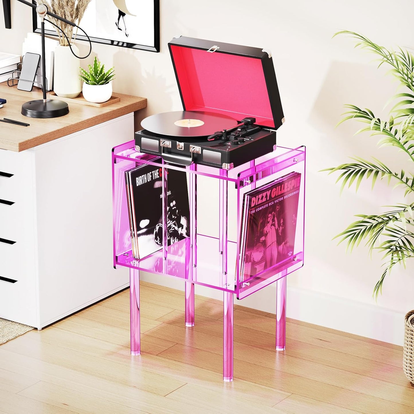 Acrylic Record Player Stand, with Vinyl Storage, Clear Acrylic Side Table, Pink (Pink)