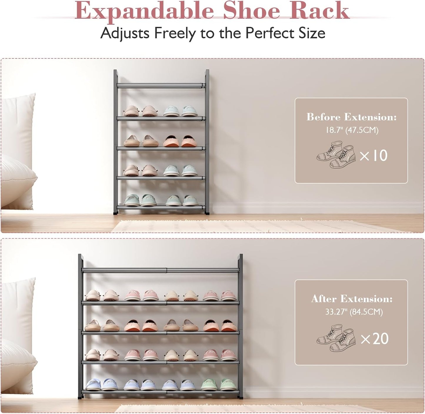 Bumusty 5-Tier Expandable Shoe Rack for Closet, 18“-33” Adjustable Shoe Rack for Small Space, Small Shoe Organizer for Front Door, Sturdy Metal (Grey)