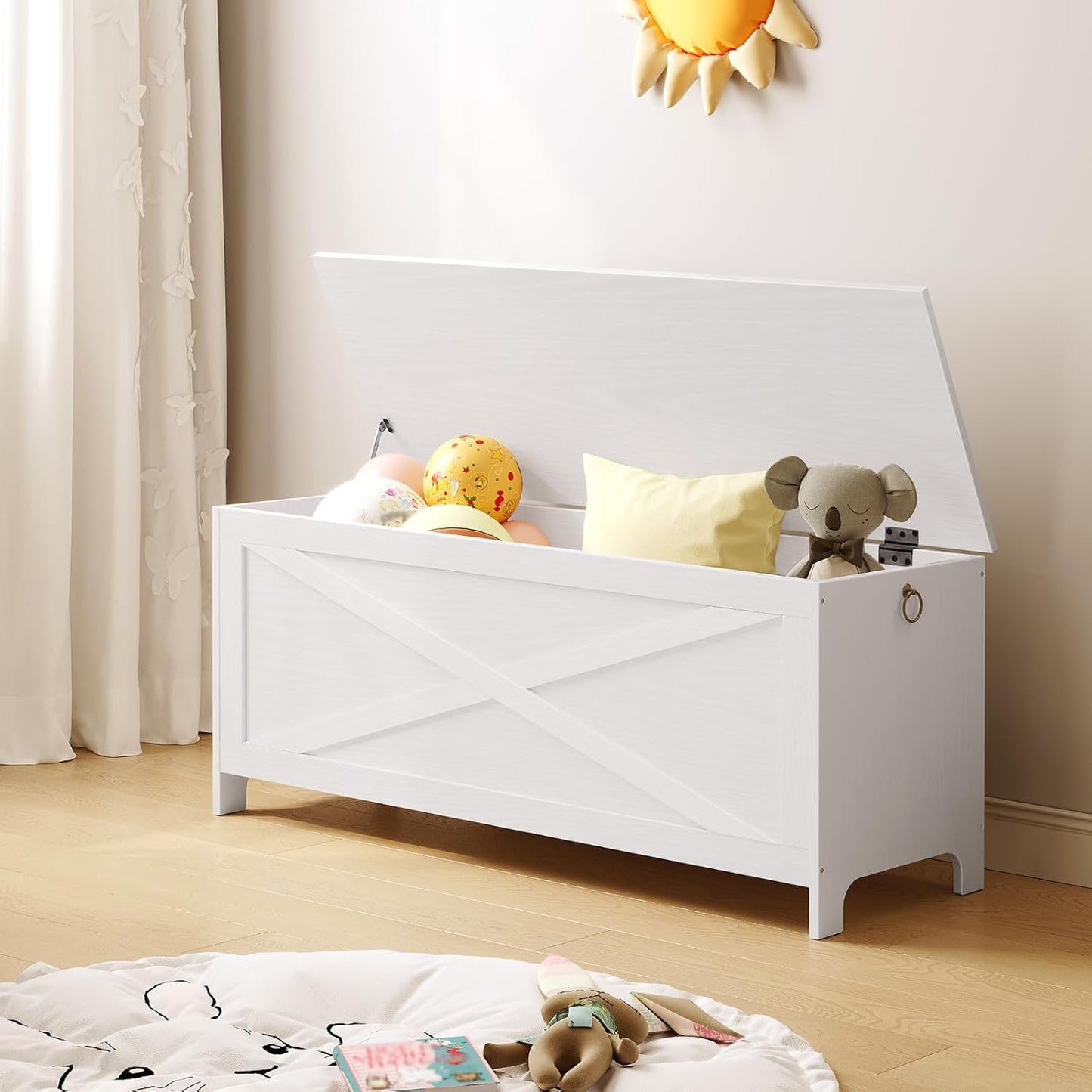 47.2" Toy Chest, Sturdy Entryway Storage Chest with Safety Hinge, Retro Toy Box, Wooden Look Accent Furniture for Living Room, Bedroom, White SCBW48801