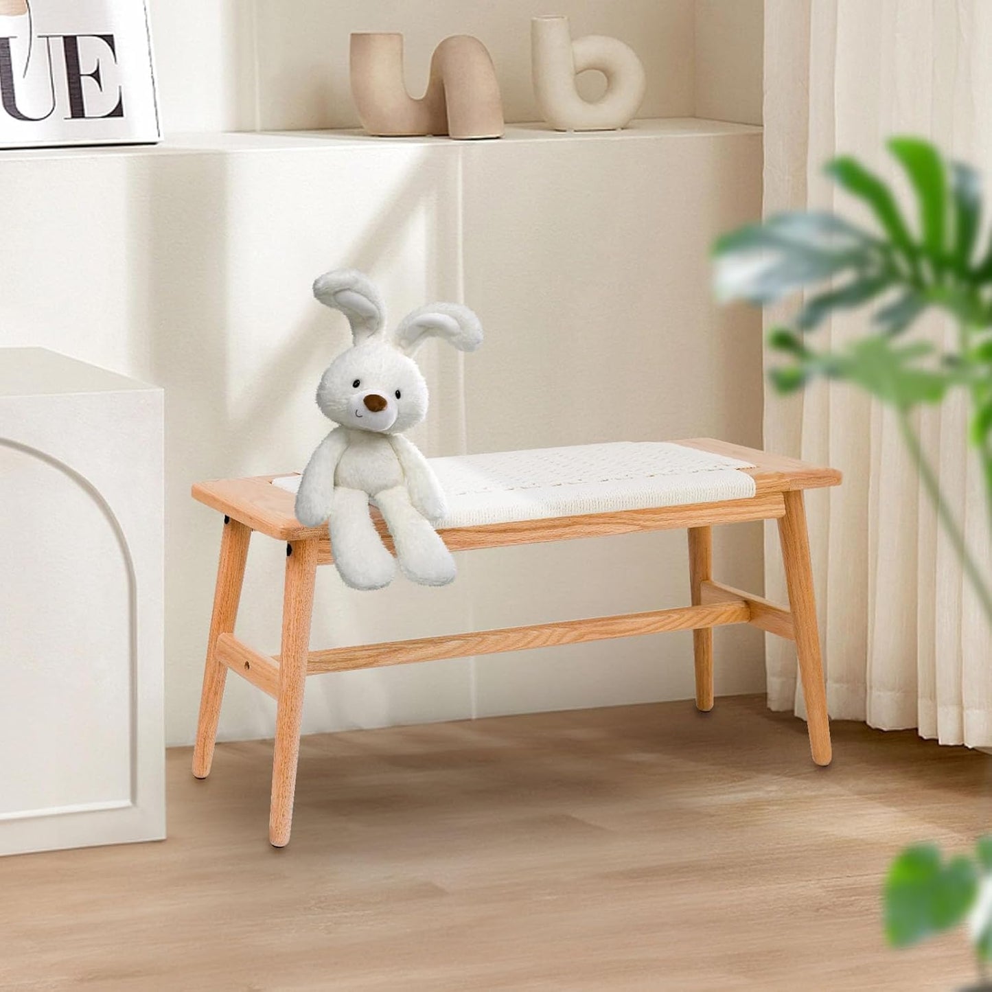 Solid Wood Entryway Bench, Wooden Dining Benches for 2, End of Bed Bench w/Hand-Woven Rope for Bedroom Kitchen Dining Room Living Room Entry Décor (White Rope, 31.49" L)