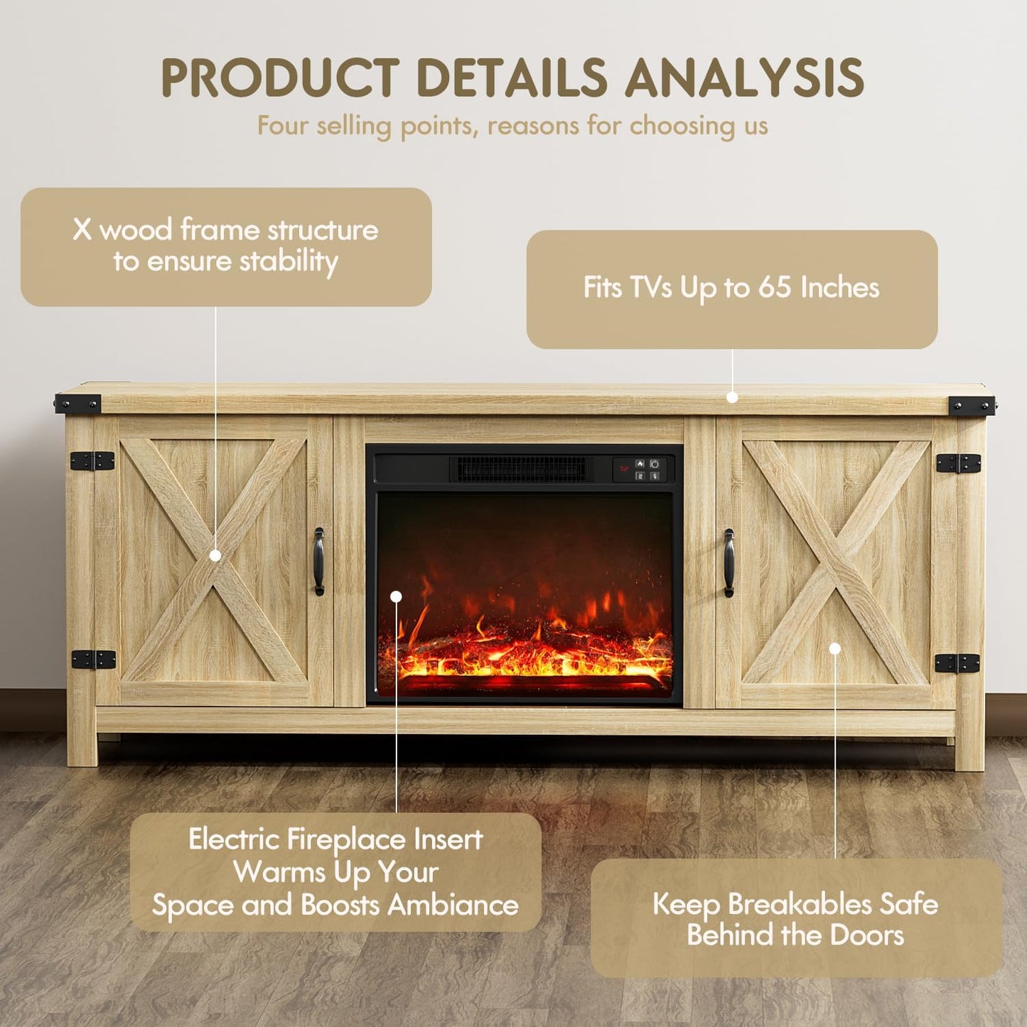 YESHOMY Fireplace TV Stand with Two Barn Doors and Storage Cabinets for Televisions up to 65+ Inch, Entertainment Center Console Table, Media Furniture for Living Room, 58 Inch, Natural Oak