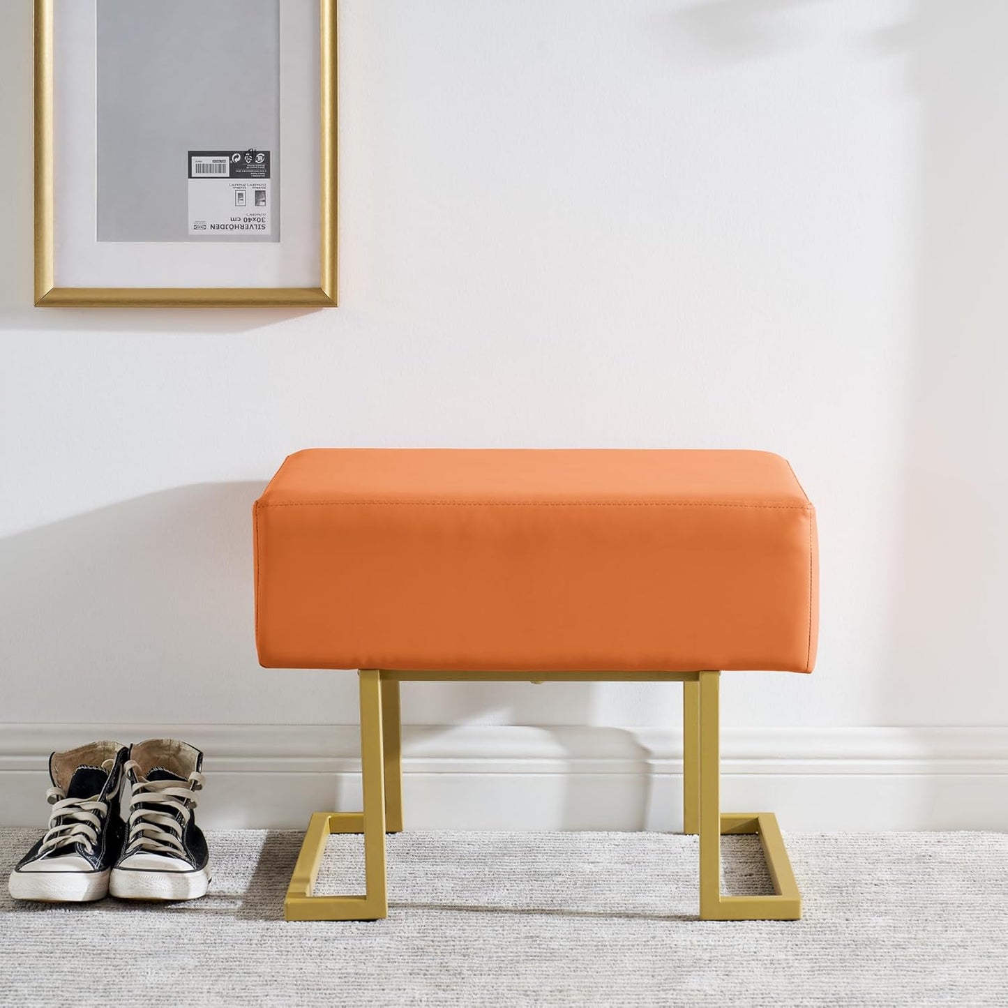 Modern Style Bedroom Single Seat Bench, Cushioned Bed end Stool, Living Room Sofa Stool, Footstool with Golden Iron Legs, Suitable for Bedroom and Living Room (Orange, 21.65"x15.74"X16.53")
