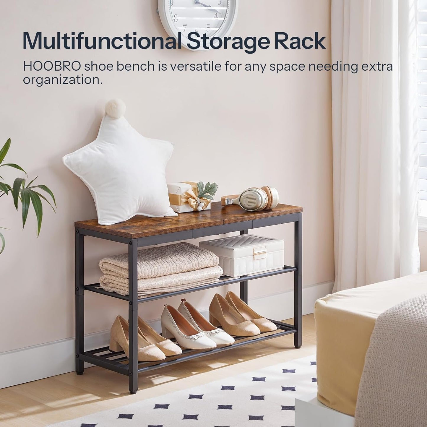 HOOBRO Shoe Storage Bench, 29.5" L Entryway Bench Organizer, 3-Tier Shoe Rack for Closet, Shoe Shelf with Wooden Top Seat, Loads 300 lb, Space-Saving, Rustic Brown and Black BF76HX01