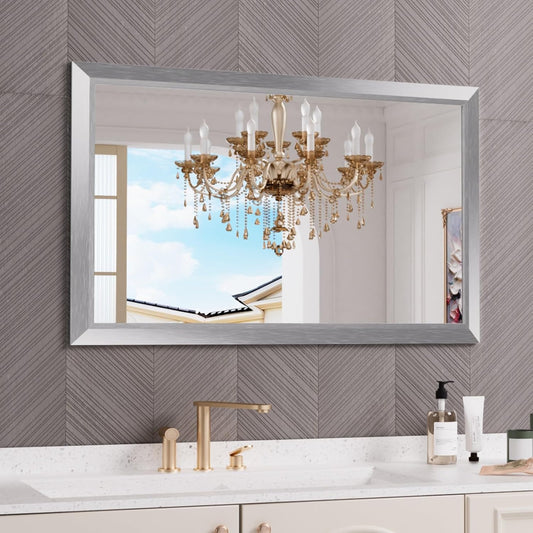 Amorho 48x30 Inch Bathroom Mirror Silver, Thick Metal Framed Wall Mirrors for Over Sink, Brushed Nickel Mirror Perfect for Bedroom, Living Room, Entryway, Rectangle (Horizontal/Vertical).