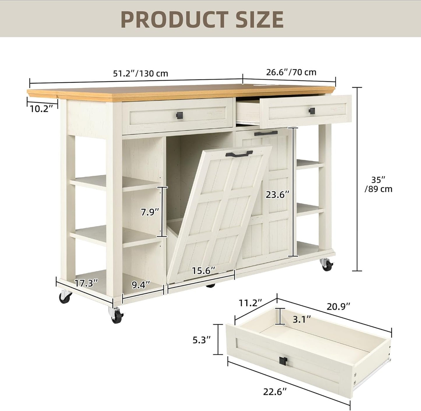 DWVO Kitchen Island with Drop Leaf, Tilt Out Trash Can Cabinet, Mobile Storage Islands with Power Outlet, Americana Rolling Island Table on Wheels with Open Shelves for Dining Room, Off White