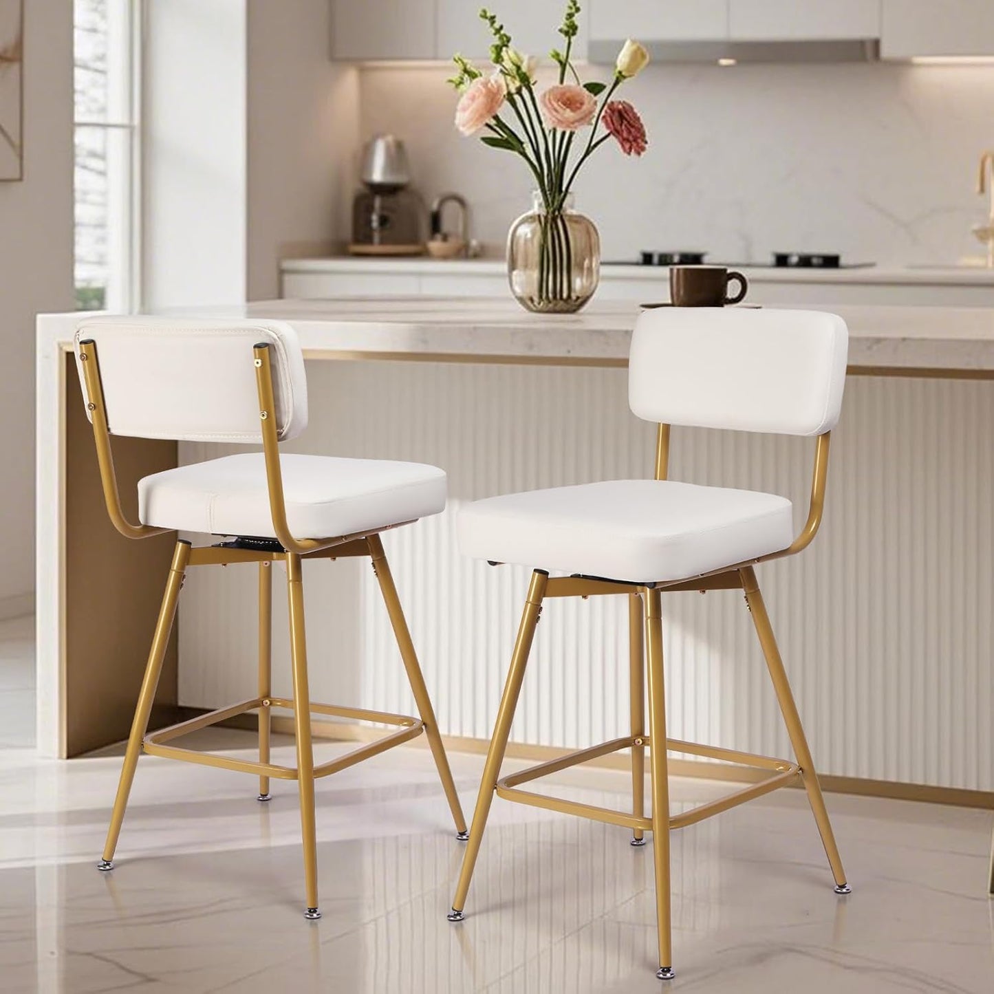 Swivel Counter Height Bar Stools Set of 2, Faux Leather Bar Stools with Back, Metal Legs and Footrest, 26" Seat Height Barstools for Kitchen Islands and Home Bars, Easy Assembly, White&Gold