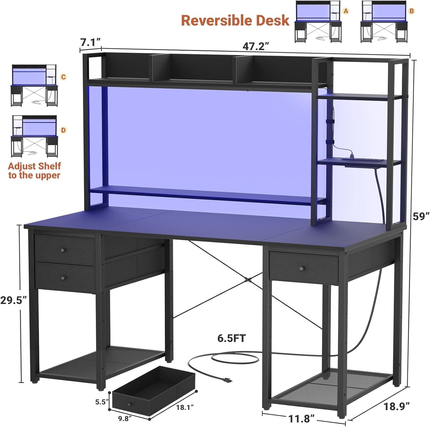 Aheaplus LED Gaming Desk with Hutch, 47.2'' Computer Workstation, Black