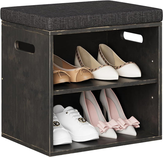 Bamboo Small Shoe Bench for Entryway 2 Tier Shoe Storage Bench with Cushion Adjustable Shoe Rack with Padded Seat for Living Room Hallway (Antique Black)