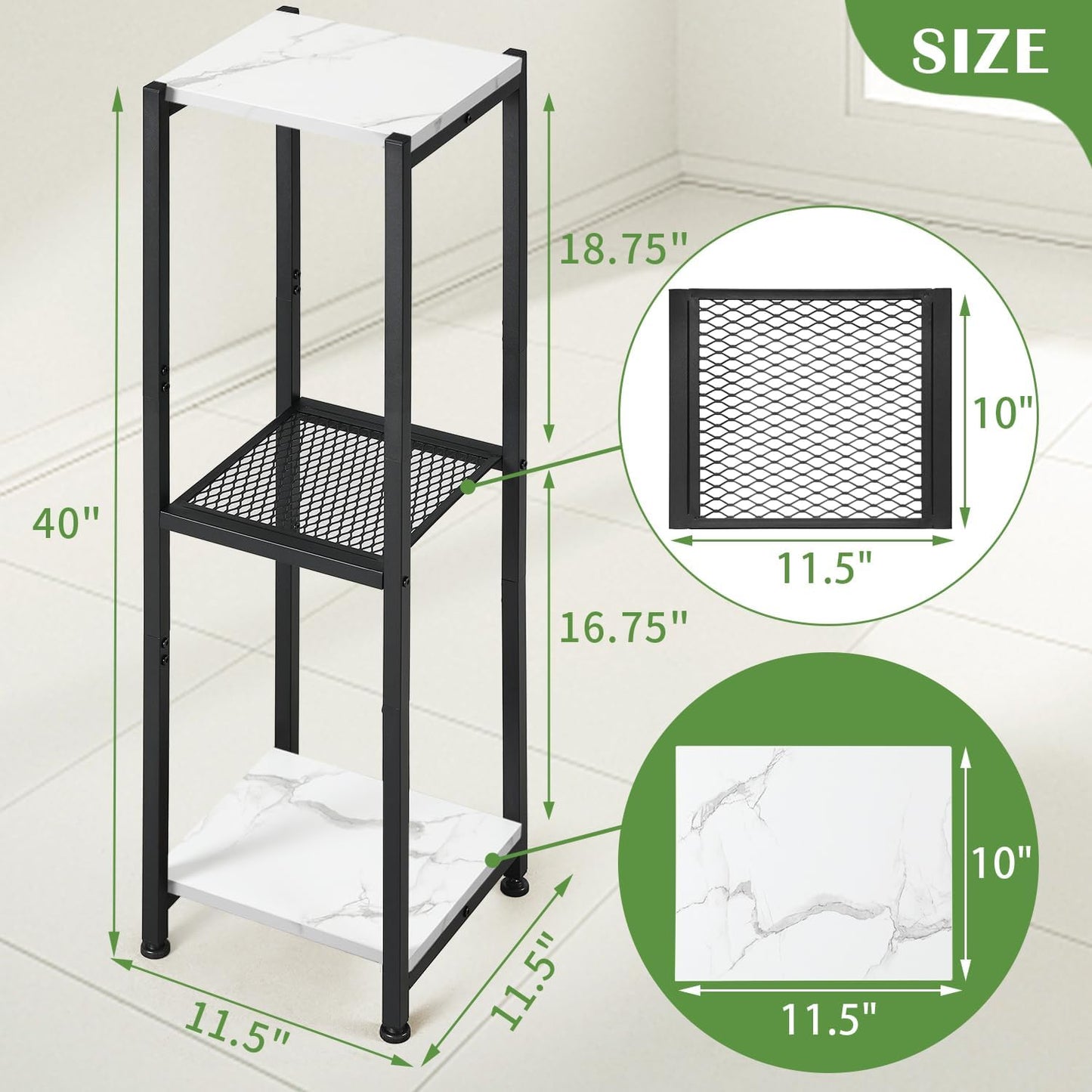 Extra Tall Plant Stand Indoor,40 Inch Plant Stands,3 Tier Metal Plant Stand with Heavy Duty Wood and Metal Mesh Shelf,Marble White and Black