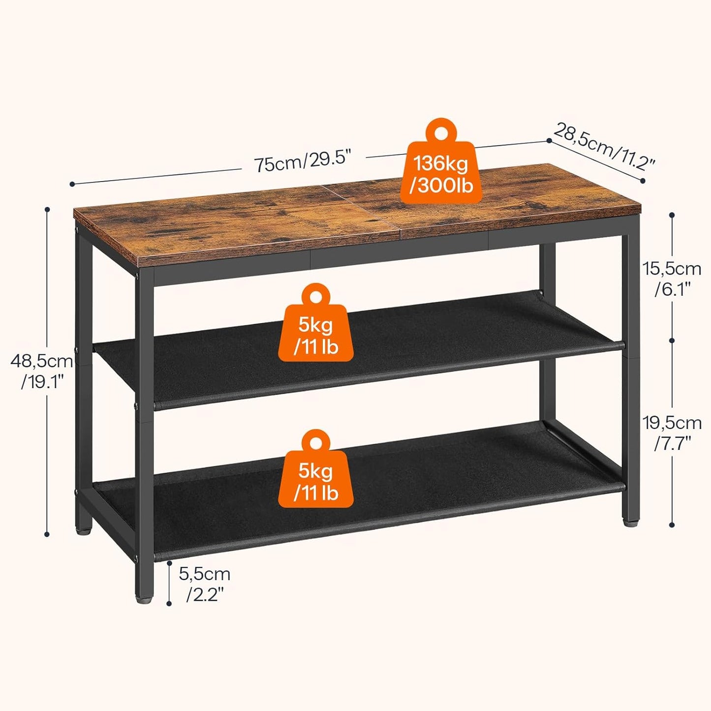 HOOBRO Shoe Bench, 3-Tier Shoe Rack with Oxford Fabric Shelves, 29.5" L Shoe Storage Organizer, Holds 6-8 Pairs of Shoes for Entryway and Hallway, Lightweight, Rustic Brown and Black BF77HX01