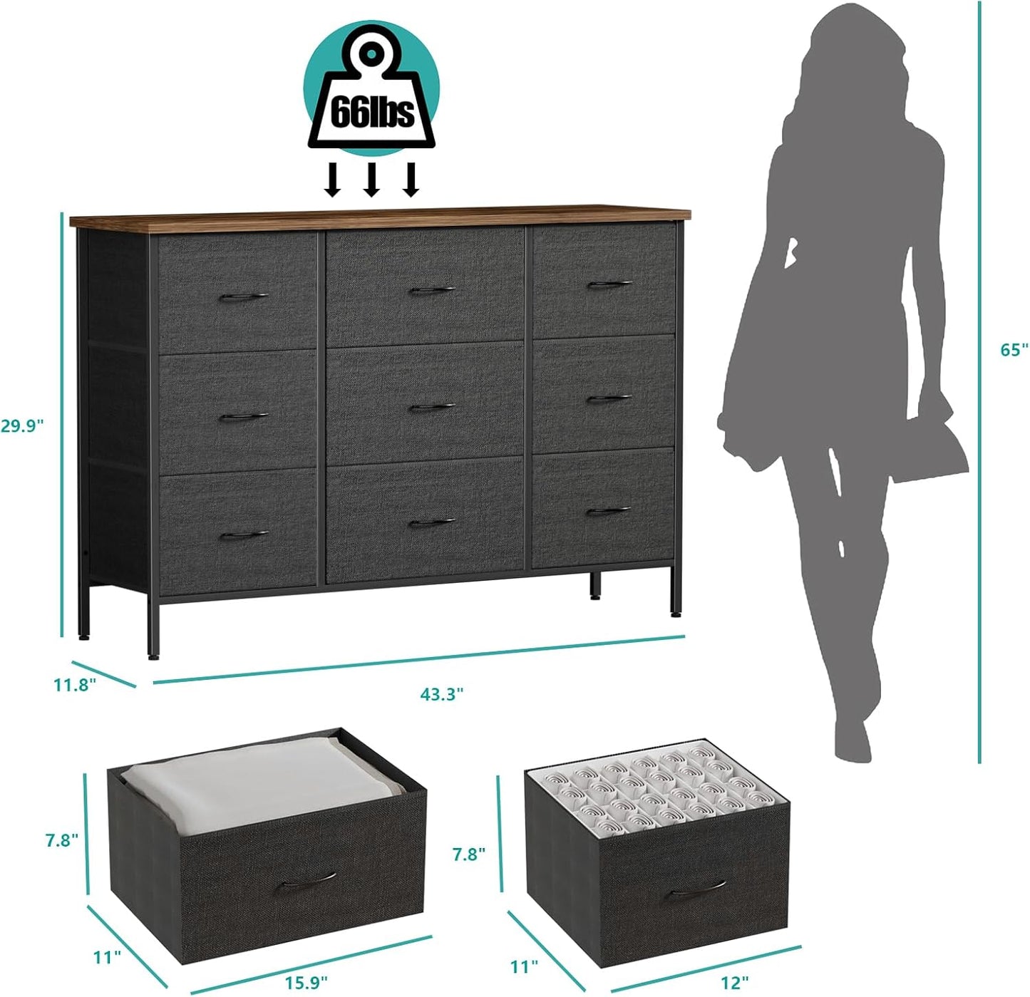 Wide TV Stand for Bedroom, Dresser with 9 Deep Drawers, Fabric Storage Cabinet, Modern Chest of Drawers for Closet, Nursery, Living Room（Black）