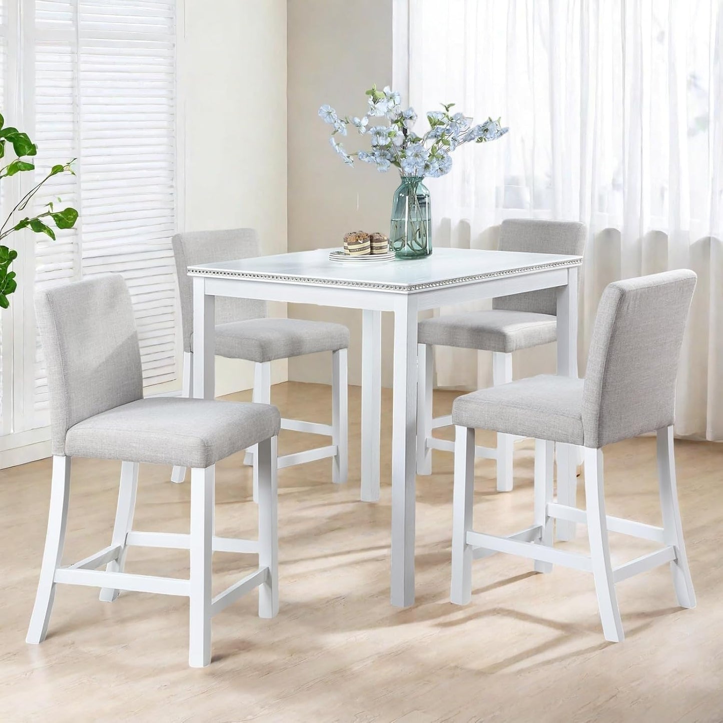 Dining Table Set for 4, 5-Piece Dining Room Table Set with Square Crystal Decoration Table & 4 Upholstered Backrest Chairs, Counter Height Kitchen Sets with Wood Grain & Footrest, White