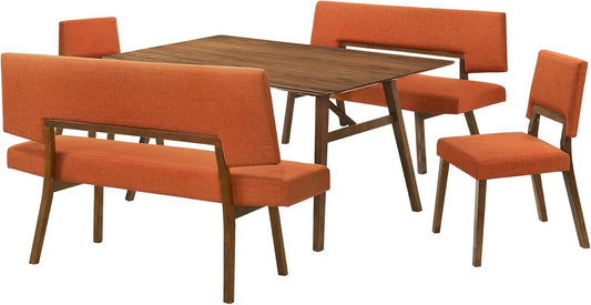 Armen Living Channell Mid Century Modern 5 Piece Walnut Wood Dining Table Set with Benches in Orange Fabric