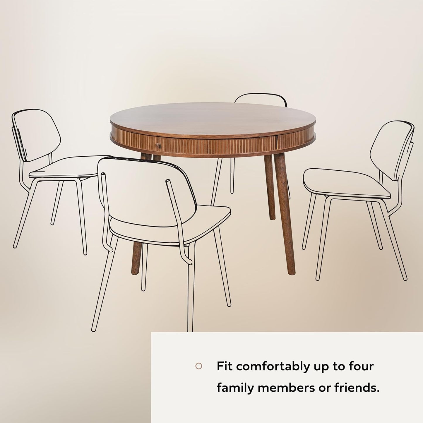 WERMO 47'' Round Dining Table for 4 People - Pre Assembled Round Kitchen Table with 2 Hidden Storages (Walnut)