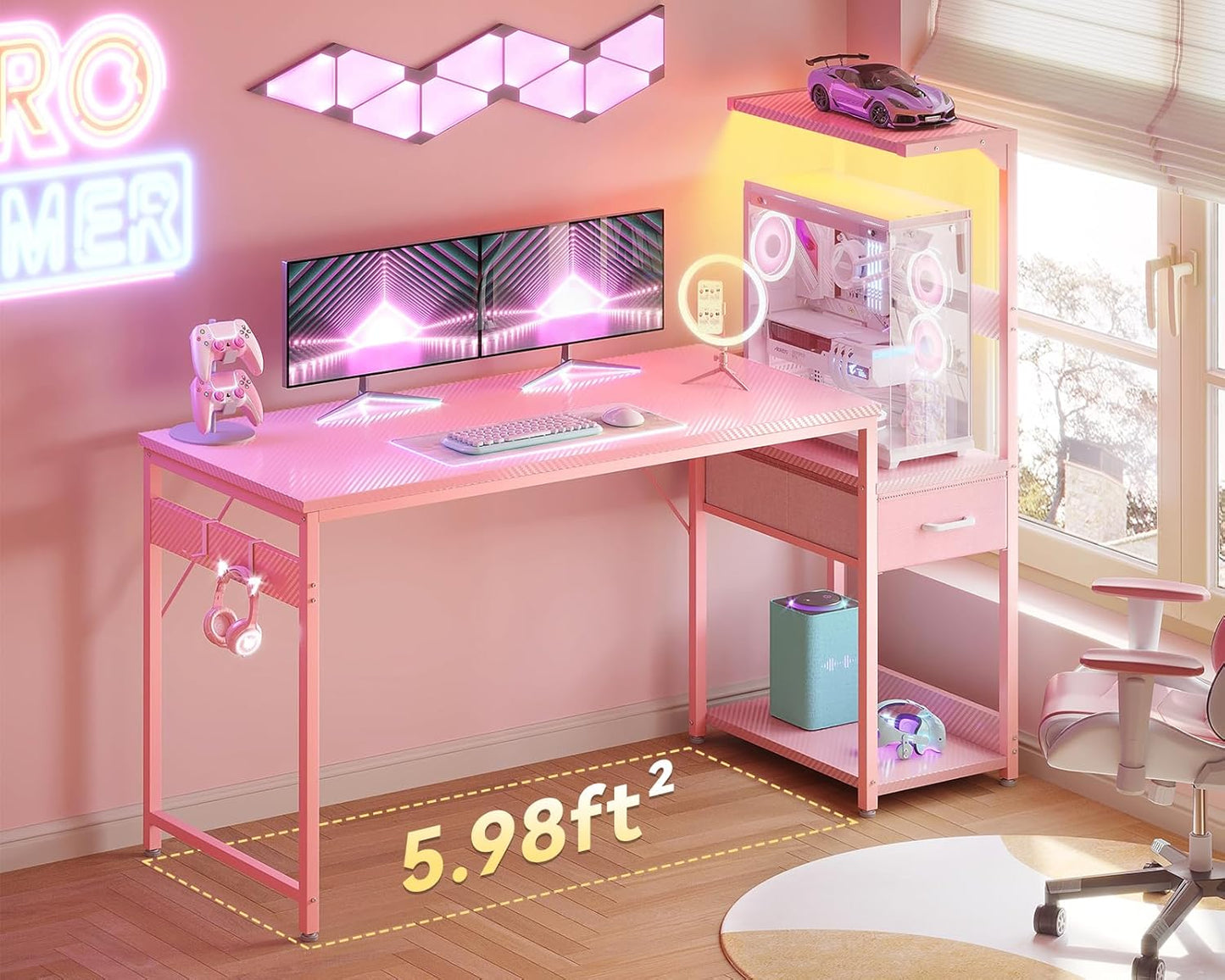 Casaottima 54 Inch Gaming Desk with Storage & LED Lights, Reversible Computer Desk with Display Shelves & Fabric Drawer, Modern Gamer Desk Table with Side Headphone Hook, Carbon Fiber Pink