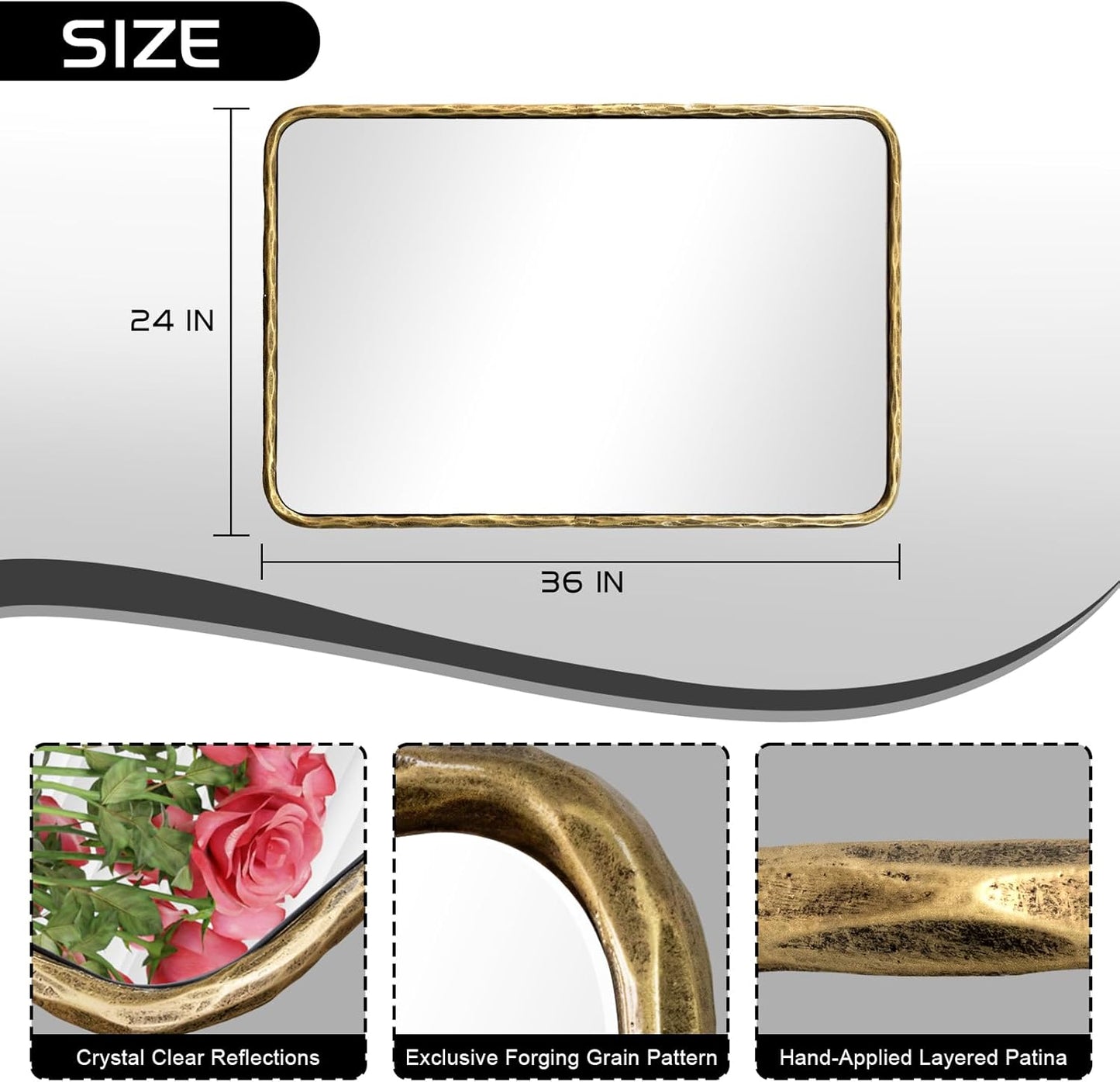 BEGINS Hand-Forged Steel Wall Mirror, 24x36 Inch Vintage Solid Steel Frame, Antique Rounded Rectangle Bathroom Mirror with Hidden Mounting Hooks, Horizontal or Vertical Hanging