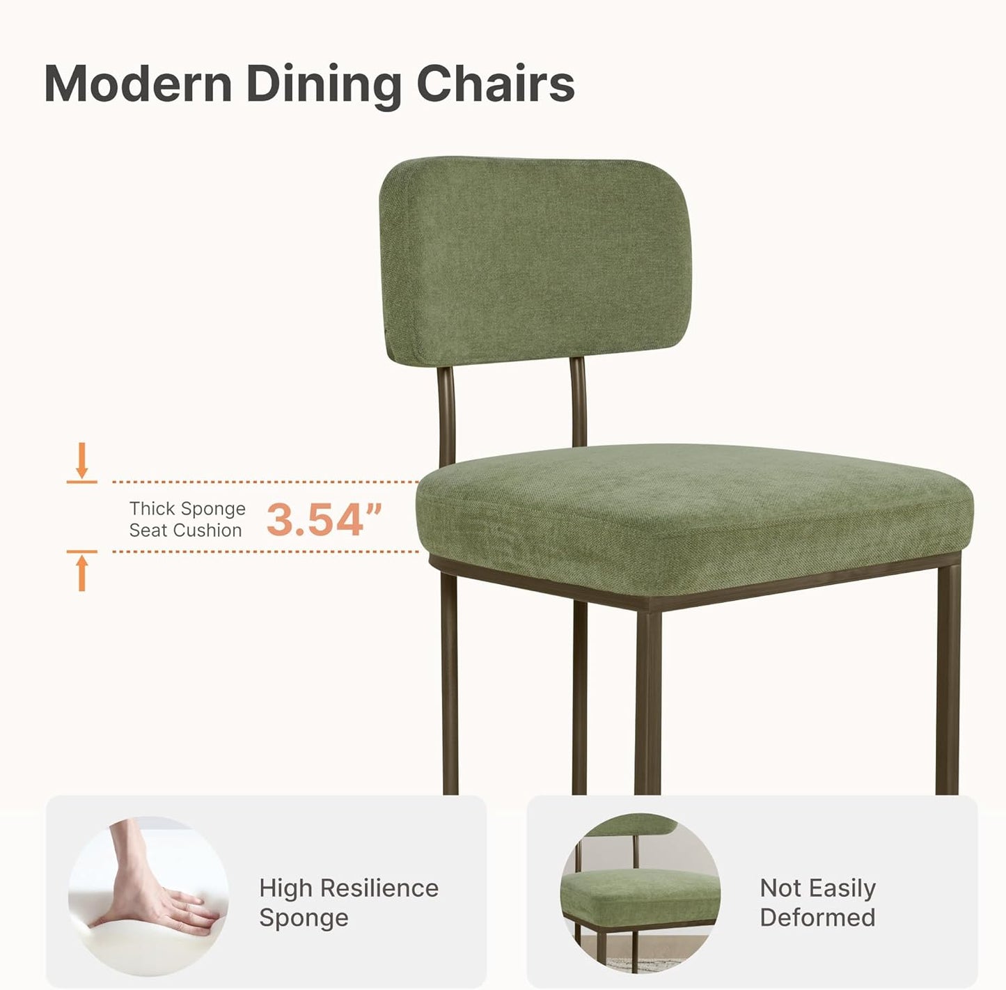 Dining Chairs Set of 2, Upholstered Modern Kitchen Chairs with Ergonomic Backrest, Fabric Cushion Seat & Metal Legs for Living Room, Restaurant, and Café, Green