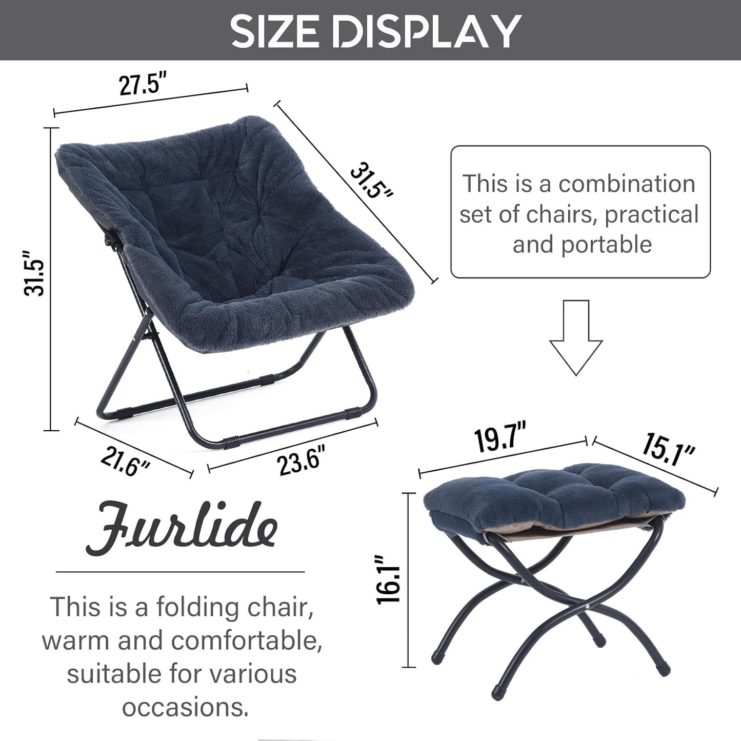 Saucer Chair with Ottoman, Comfy Doorm Chairs, Oversized Folding Faux Fur Chair, Foldable Metal Frame Chair for Bedroom, Living Room(Navy Blue)