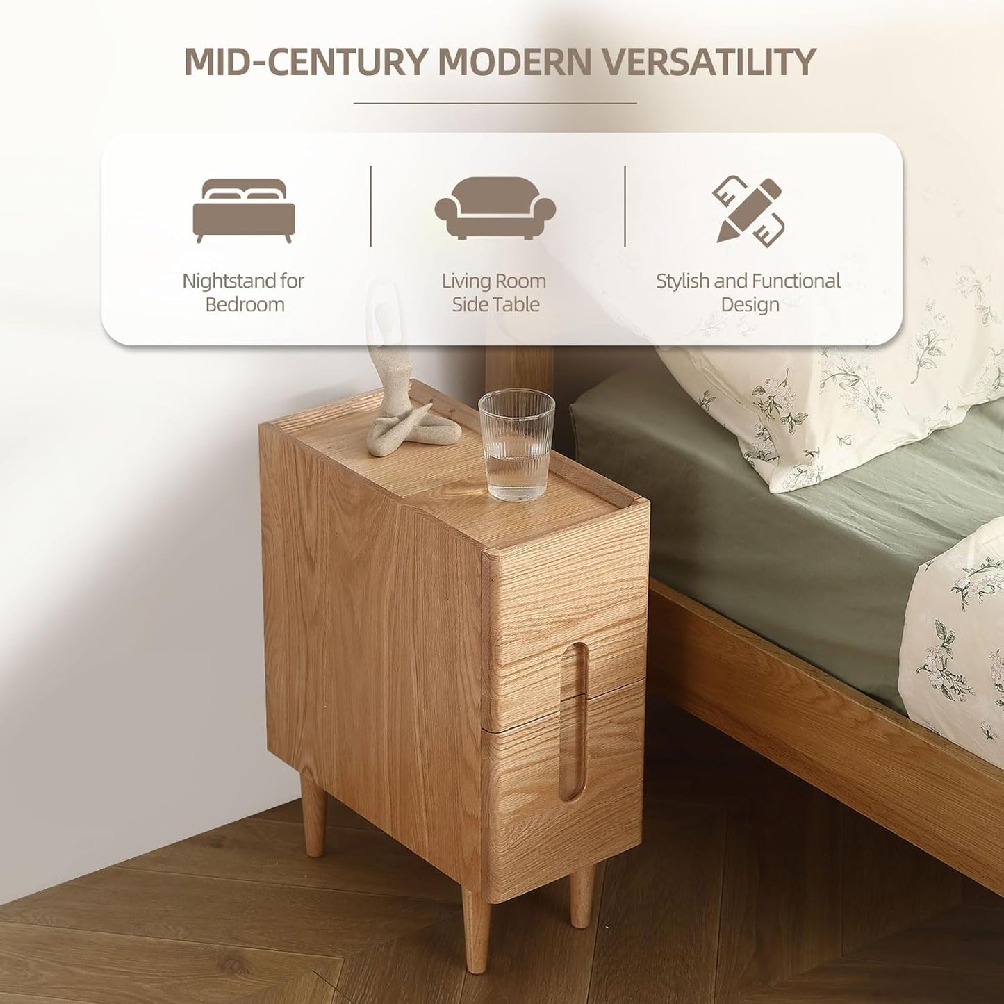 Solid Wood Bedside Table Nightstands, Slim Narrow Oak Real Wooden Mid-Century Modern End Table with Drawers Luxury Side Table Durable Cabinet Organizer Furniture, Natural Color 7.87in Wide