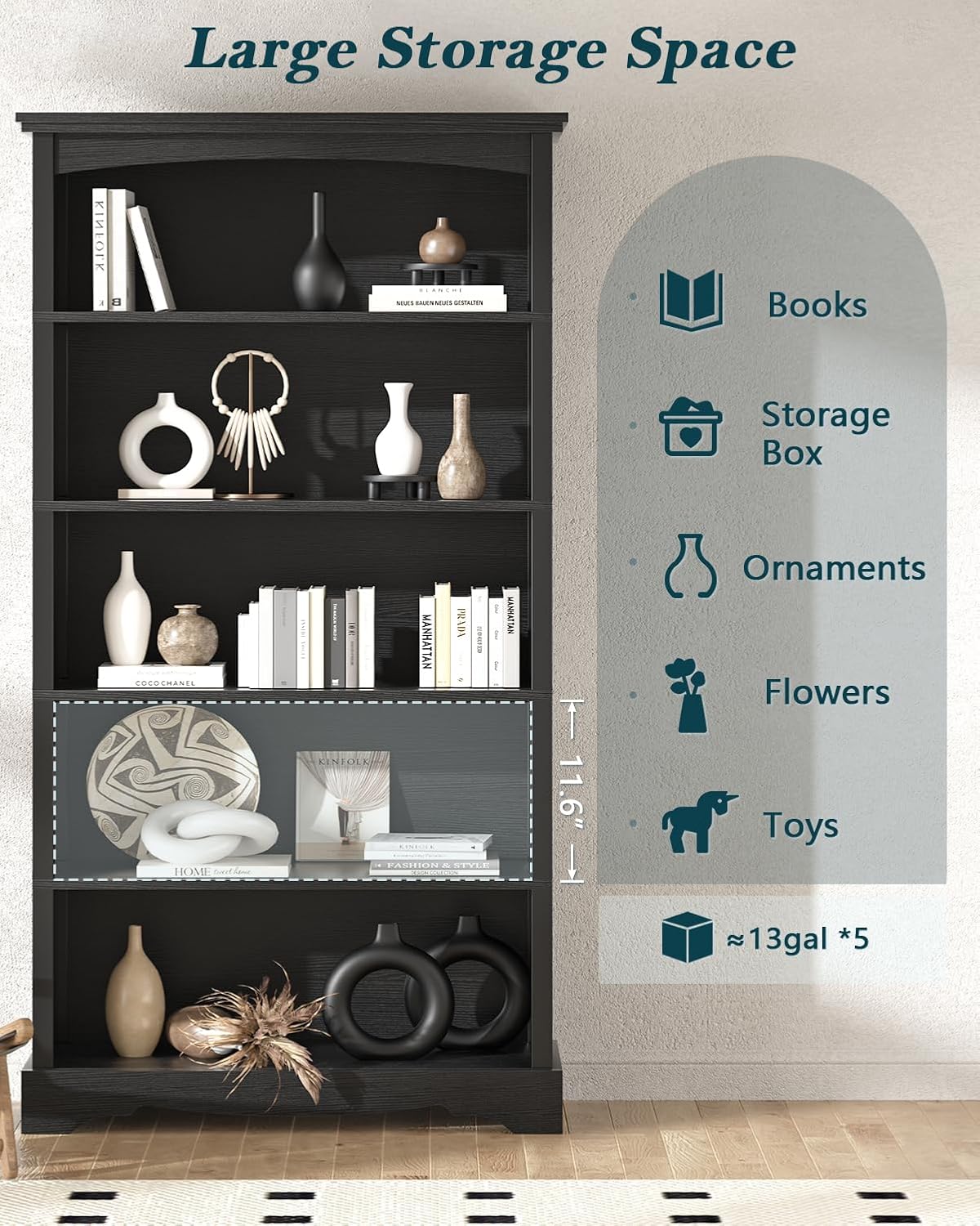 TVU 5 Tier Bookcase and Bookshelf, Wood 65 Inch Tall Bookshelf with Storage, Floor Standing Display Book Shelf for Living Room, Office, Study Room, Entryway, Black