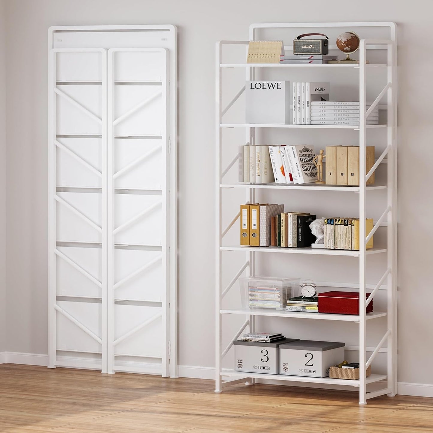 JSB No Assembly Folding Bookshelf, 6 Tier Industrial Metal Book Shelf for Storage, Vintage Wood Foldable Bookcase for Living Room, Bedroom, Office Organization Shelves