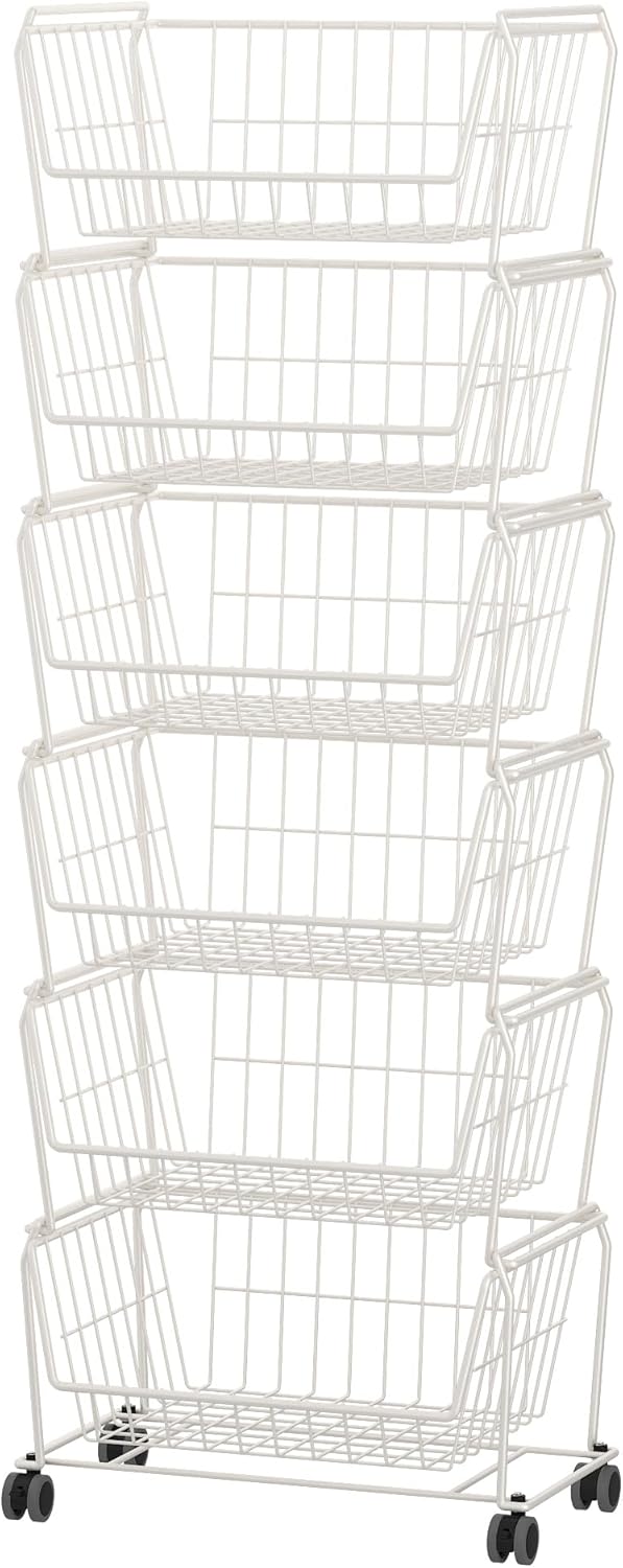 PUSDON Stackable Metal Storage Carts, Dual Use Shelf for Kitchen Fruit Vegetable Baskets with Wheels, Storage Rack for Living Room, Home & Office, Standard White 6 Tiers