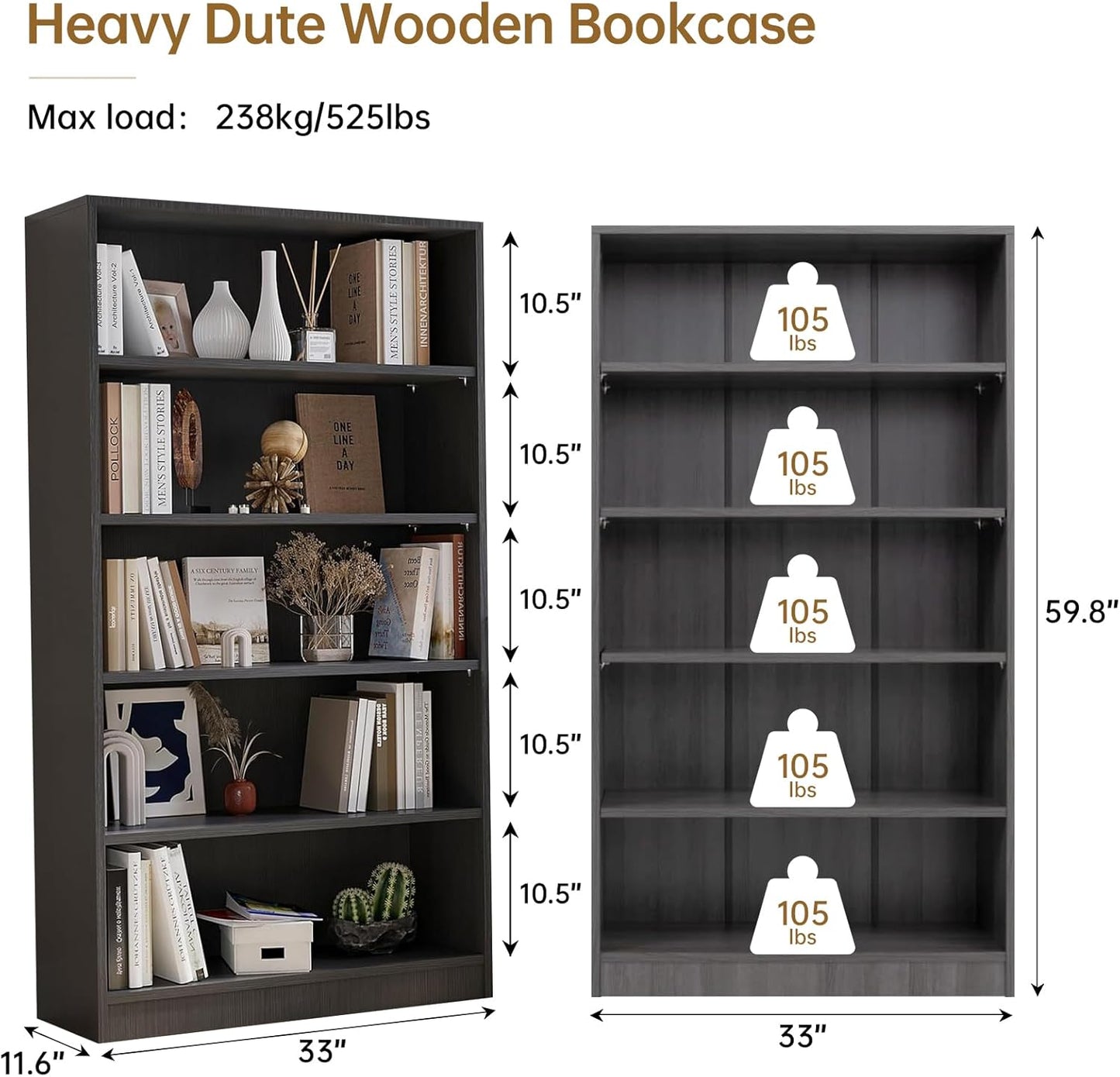 Wooden Bookshelf with Adjustable Shelves, 5 Tier Tall Bookcase for Living Room, Office or Small Spaces,Heavy Dute Bookshelves Storage Organizer, Manga Bookshelf for Collectors,60 Inch,Gray
