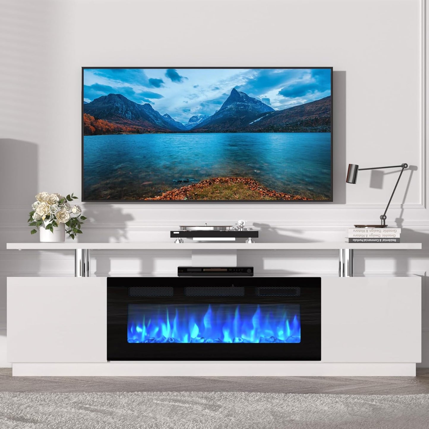 70'' Fireplace TV Stand, Entertainment Center with 36'' Firplace, 2 Tier TV Console Cabinet with Storage Cabinet, Electric Fireplace Heater with LED Light and 12 Flame Colors, White