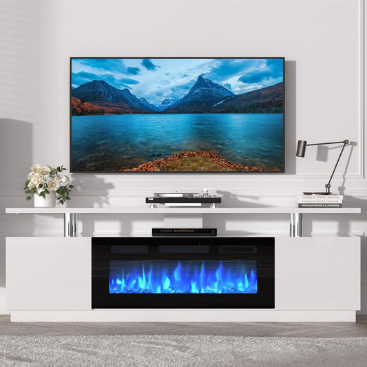 70'' Fireplace TV Stand, Entertainment Center with 36'' Firplace, 2 Tier TV Console Cabinet with Storage Cabinet, Electric Fireplace Heater with LED Light and 12 Flame Colors, White