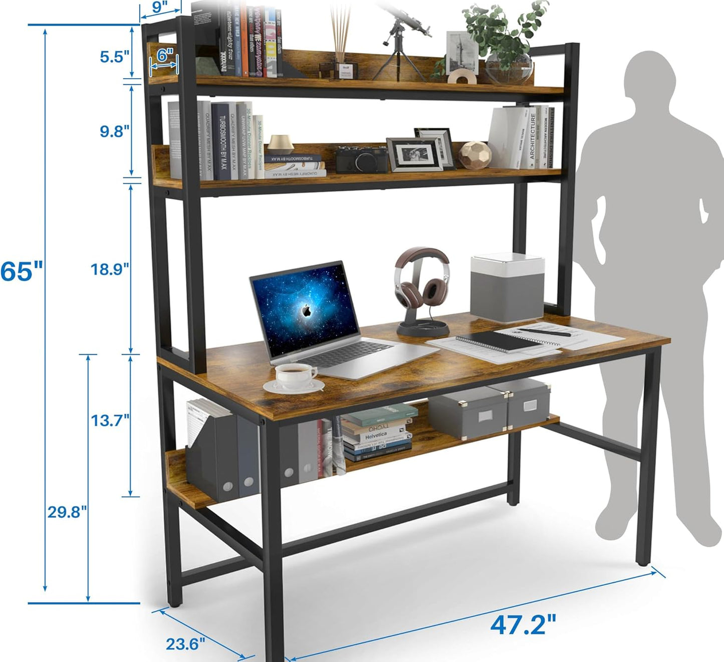 Aquzee Computer Desk with Hutch, 47“W x 23.6" D Desk with Shelves, Tall Home Office Desk with Bookshelf, Metal Legs Study Table with Upper Storage Shelf for Study Writing/Workstation