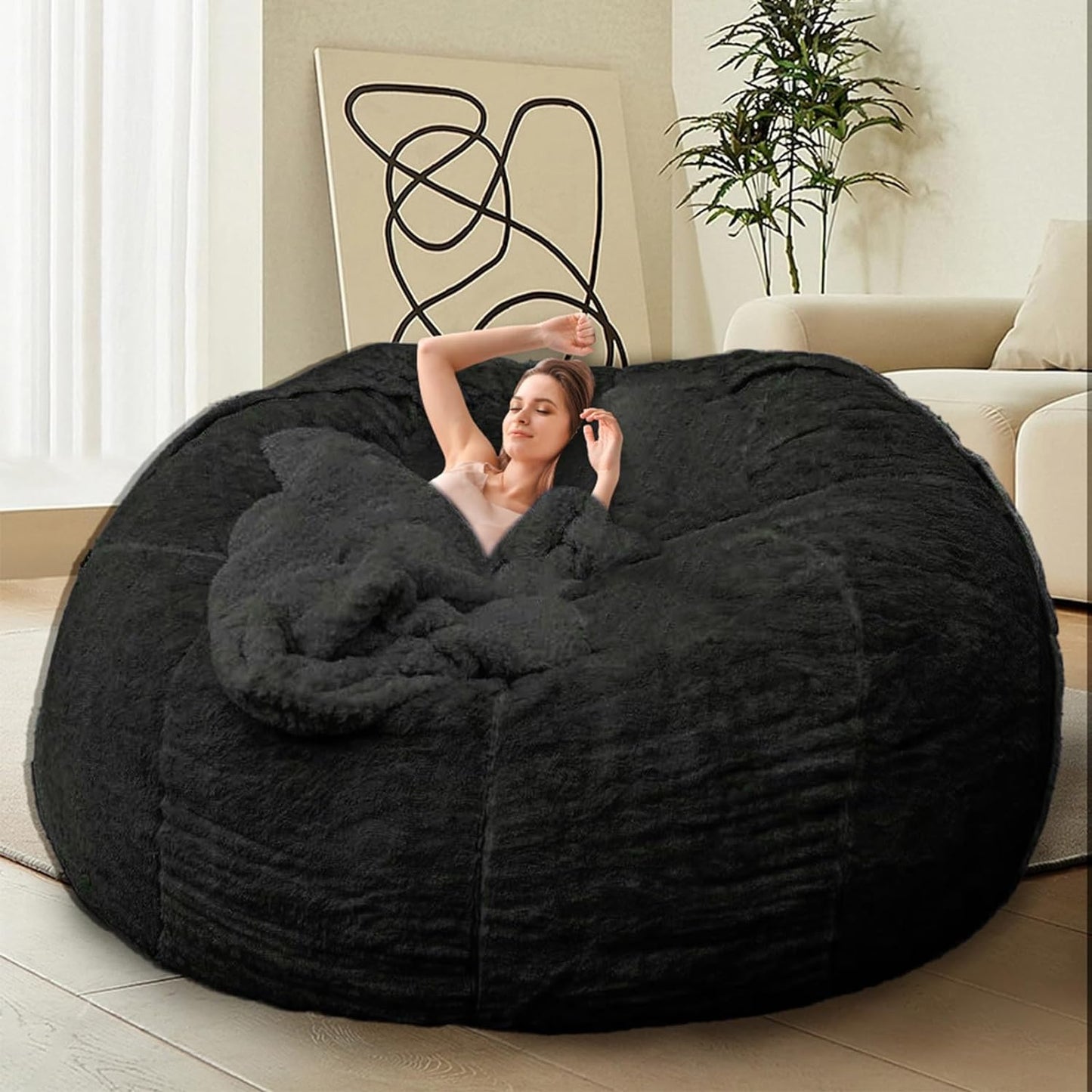 Bean Bag Chair for Adults Kids Without Filling Comfy Fluffy Giant Round Beanbag Lazy Sofa Cover for Reading Chair Floor Chair, 6FT, Black