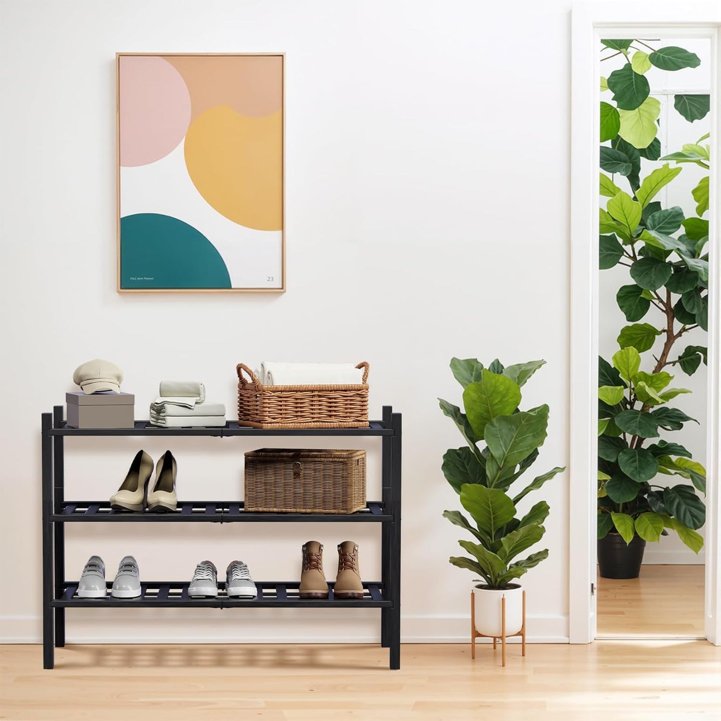 Haddockway 3 Tier Bamboo Shoe Rack Storage Organizer, Multifunctional Free Standing Stackable Shoe Shelf with Grid Panel for Closet,Hallway,Entryway,Small Space 27"x11"x20" (Black, 3 Tier)