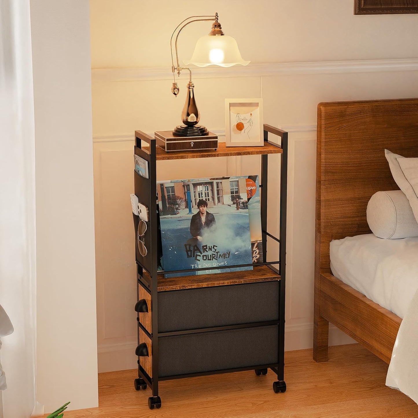 Narrow Side Tables with 2 Drawer for Small Spaces, Skinny Thin Bedside Nightstand End Table on Wheels, Rolling Slim Tall Desk with Storage Bag for Sofa Living Room Dorm Bedroom Couch Bathroom