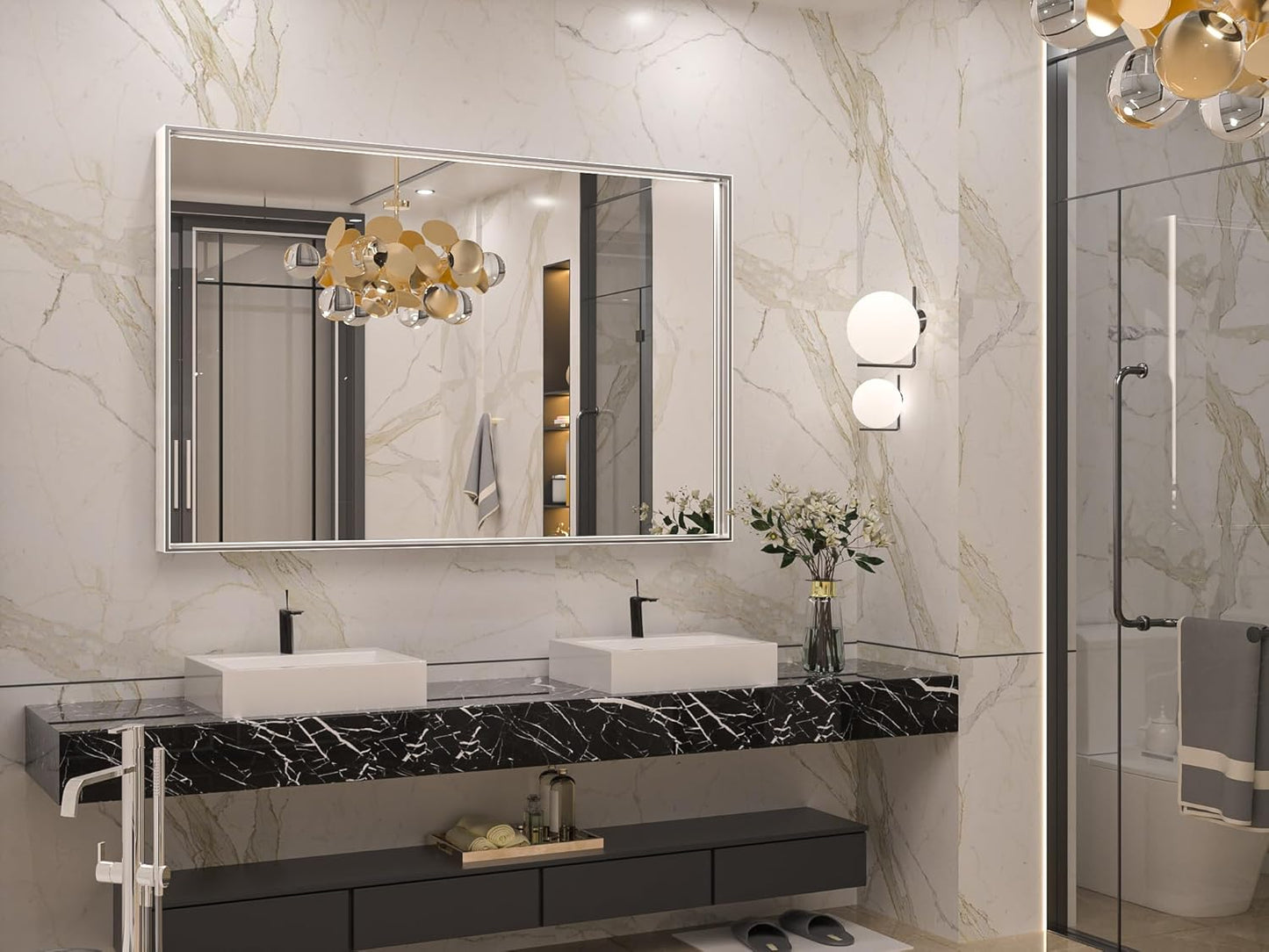 Keonjinn Silver Bathroom Mirror 55 x 36 Inch Large Rectangle Wall Mirror for Vanity Metal Framed Farmhouse Mirror Square Corner Modern Rectangular Mirror for Bathroom Sink(Horizontal/Vertical)