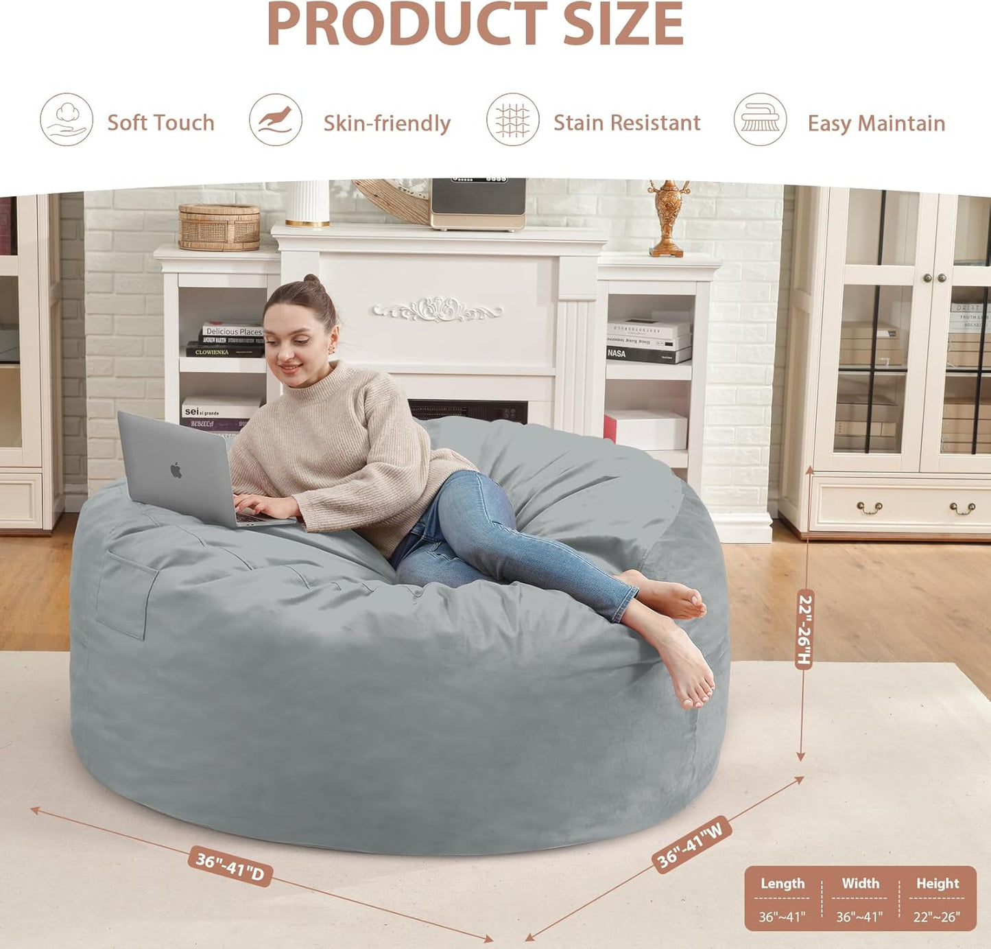 3FT Bean Bag Chair, Comfy Bean Bag Chairs with Memory Foam Filled, Fluffy Beanbag Sofa with Dutch Velvet Cover, Round BeanBag Chairs for Living Room, Playroom - Light Grey