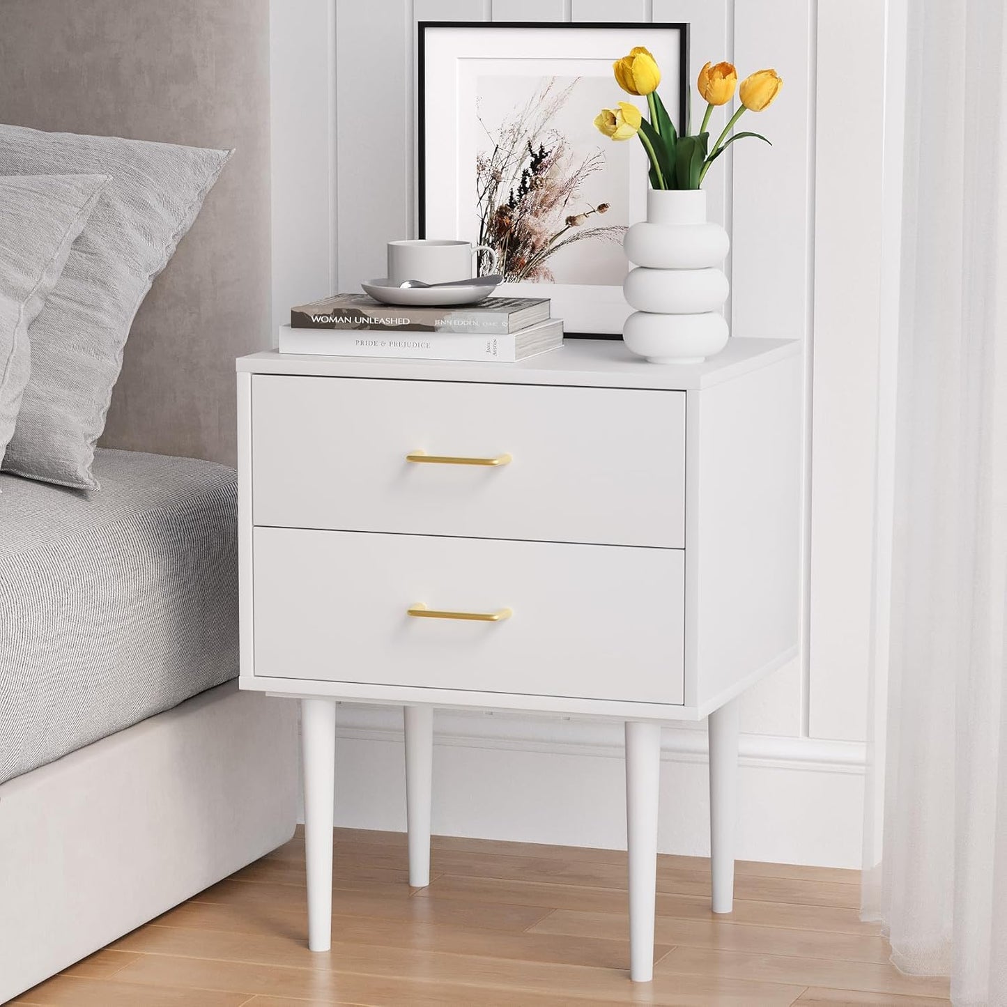 White Nightstand with 2 Drawers, 26" Tall Modern Bedside Table, Mid-Century Modern End Table, Wood Night Stand with Solid Wood Leg for Bedroom, Office
