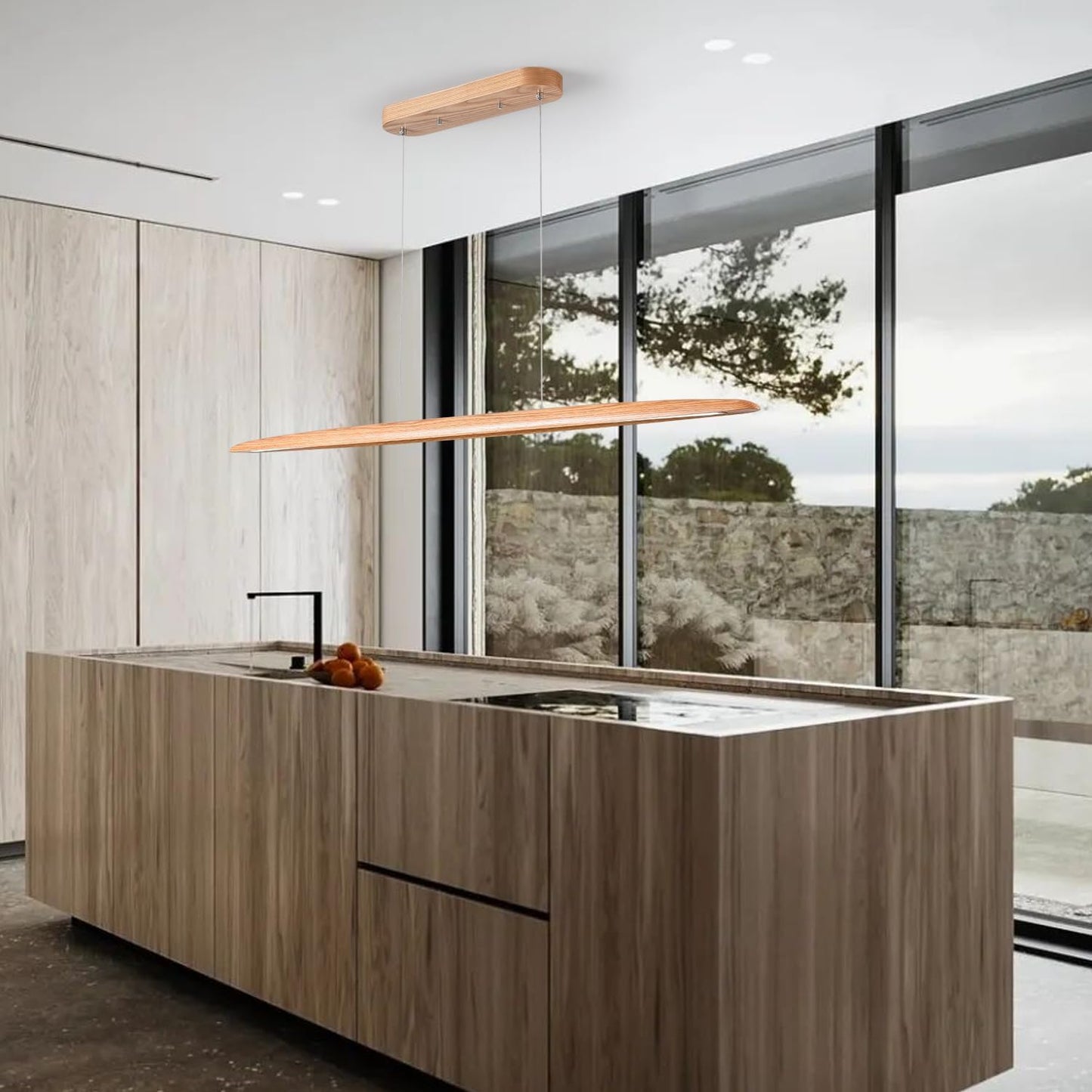 71" 40W Wood LED Linear Pendant Light Fixture Led Dining Room Light Dimmable Hanging Light Fixture for Dining Room Kitchen Island Pool Table Lights Natural Ash