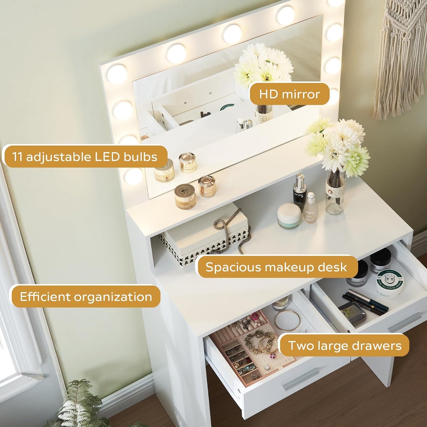 Vanity Desk with Mirror and Lights, Dressing Table with Large Drawer, 2 Level Storage Dresser & 3 Lighting Modes Adjustable Brightness, Suitable for Bedroom
