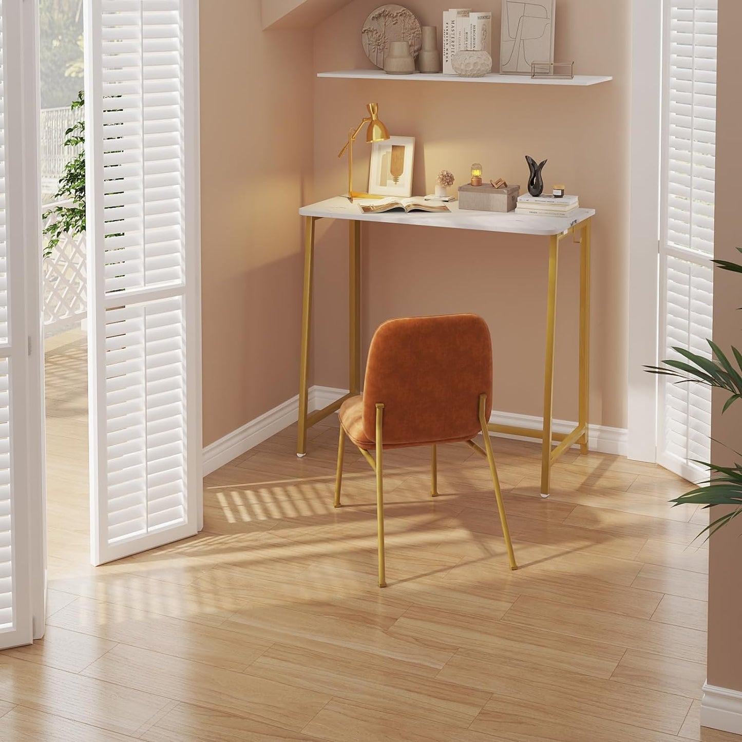 WOHOMO White Faux Marble Folding Desk, 31.5" Small Desk for Small Spaces with Gold Legs, Easy Assemble Foldable Computer Desk, Mini Portable Working Table for Home Office, White and Gold