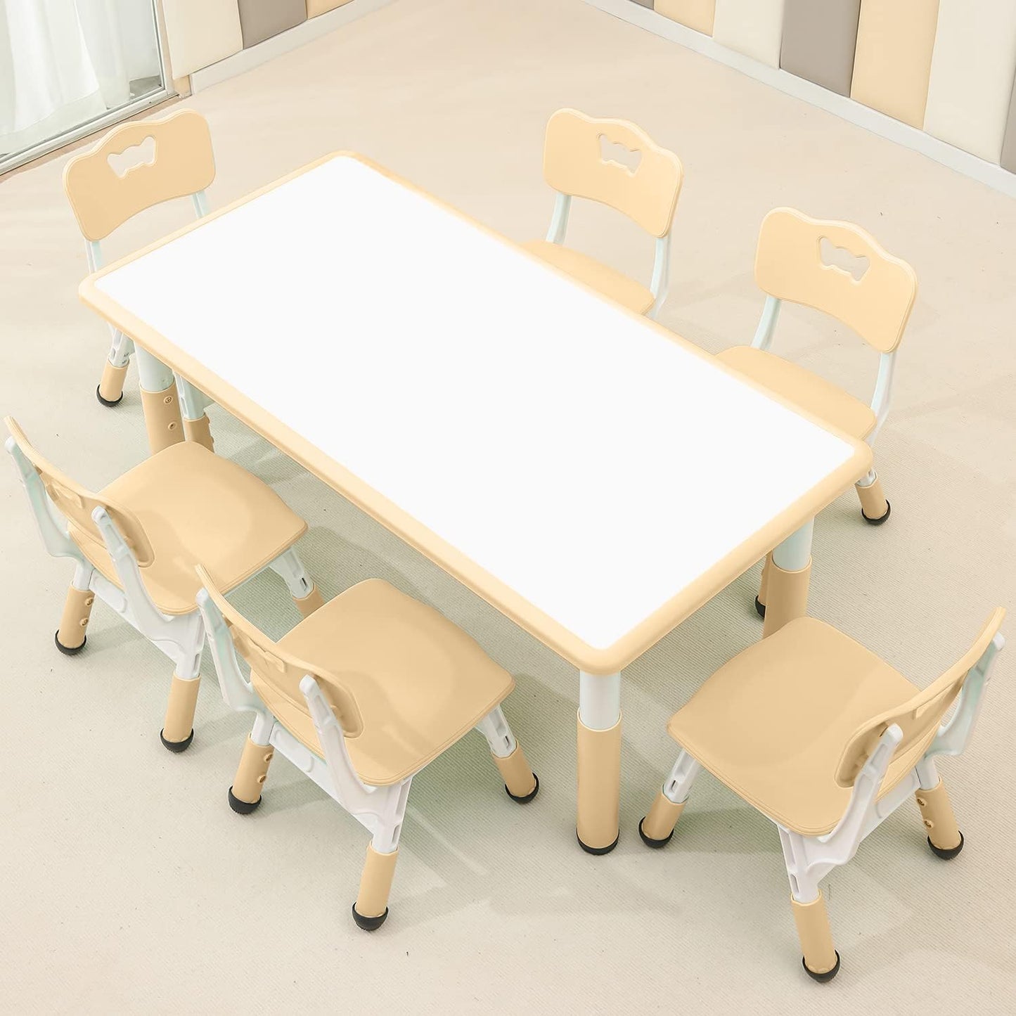 Children's Table and Chair Set Suitable for Boys and Girls Age 2-12 Height Adjustable Table top Can be Painted with 6 Seats Suitable for Family Learning Daily use (Wood Color)