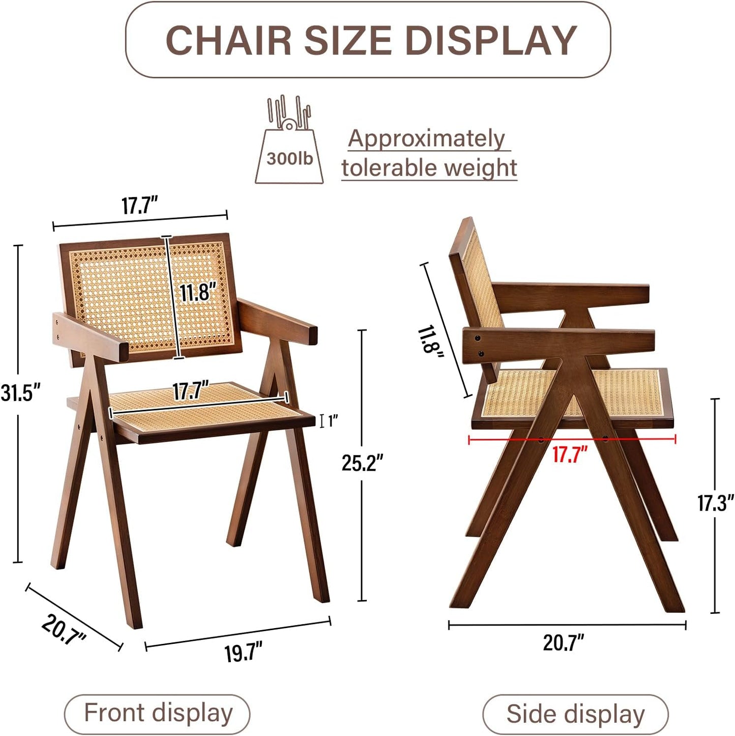 Tiita Rattan Dining Chairs Set of 2, Mid Century Modern Armchairs, Wooden Kitchen Chairs for Dining Room, Living Room, Walnut