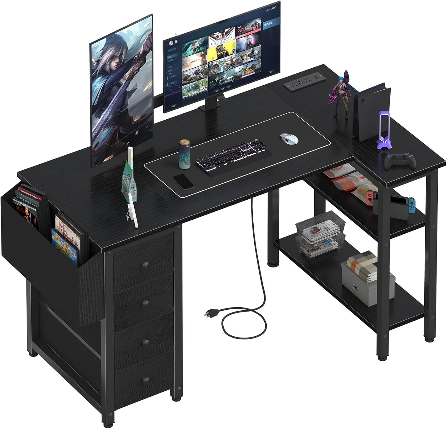 Lufeiya L Shaped Gaming Desk with Drawers & Storage Shelves, 47 Inch Reversible Corner Computer Desk with Power Outlet for Home Office Bedroom, L-Shaped Teen PC Desks with Fabric Drawer, Black